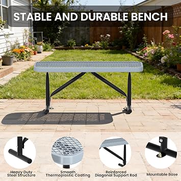 6FT Metal Park Bench for Outside, Heavy-Duty Outdoor Bench with Thermoplastic-Coated, Weatherproof Steel Mesh Bench for Parks, Gardens, Patios, Stores, Grey