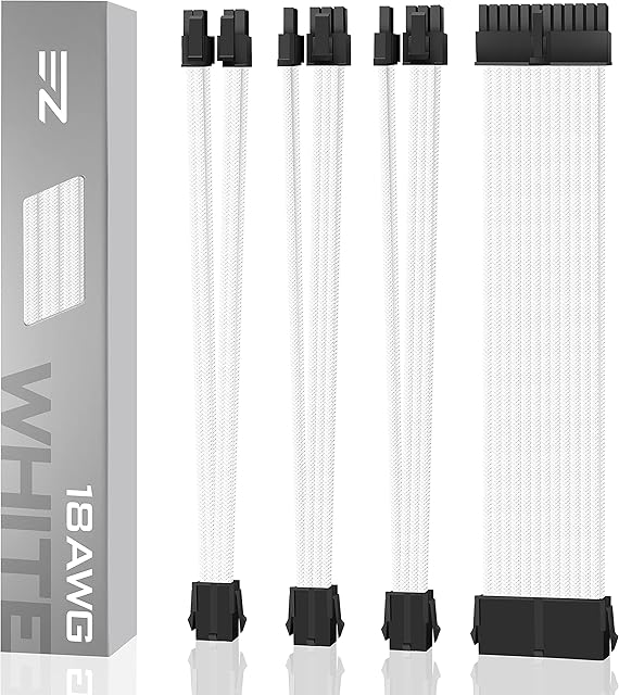 EZDIY-FAB PSU Cable Extension Sleeved Custom Mod GPU PC Power Supply Soft Nylon Braided with Comb Kit 24PIN/8PIN to 6+2Pin/ 8PIN to 4+4PIN-30CM 300MM - White