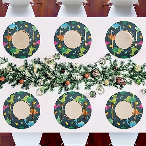 Miniatura 7 de Juego de manteles individuales de mesa de comedor de dinosaurios de dibujos animados coloridos, color verde azulado, antideslizantes, lavables para