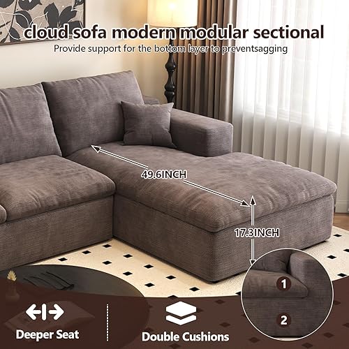 Miniatura 8 de Sofá modular en forma de L de 107 pulgadas, moderno sofá de nube modular de felpilla de 4 asientos con almohada para sala de estar, dormitorio,