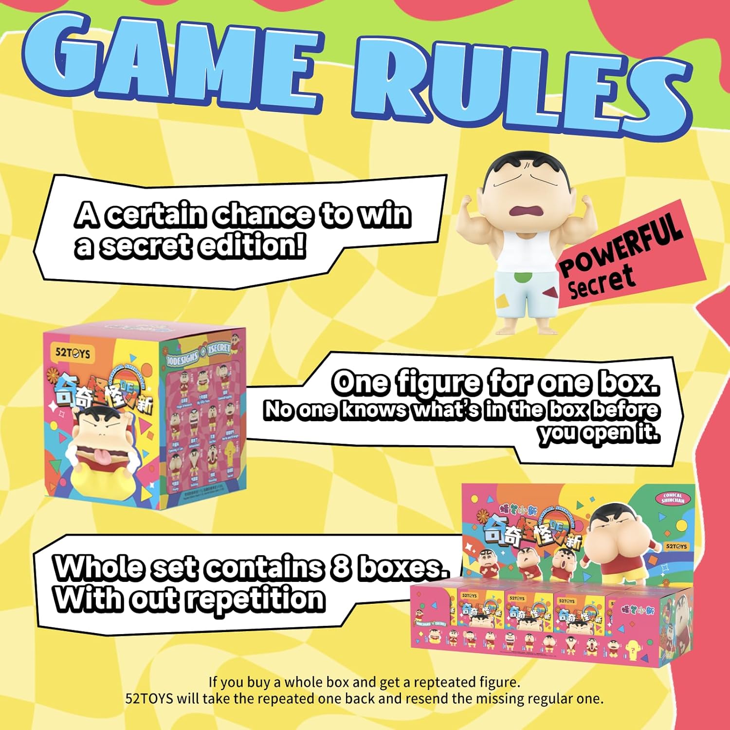 52TOYS Crayon Shinchan Comical Shinchan Blind Box, 1PC Action Figure Collectible Toy Kawaii Creative Gift Room Decor Desktop Decoration, Gift for Birthday Party