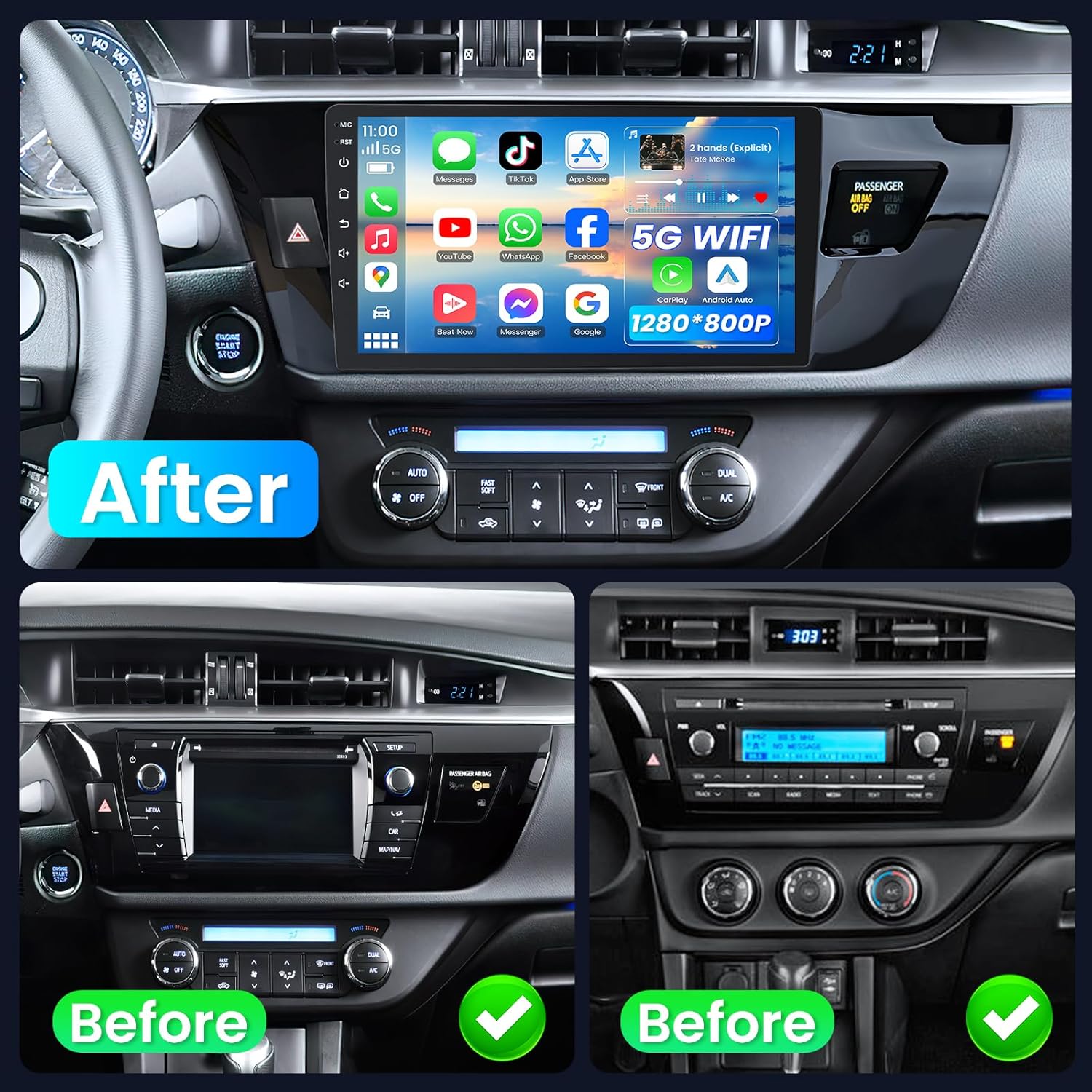 8Core 32G ROM Car Radio for Toyota Corolla 2014-2016: Upgrade Wireless Carplay & Android Auto 1280 * 800 HD Touchscreen Stereo 5G WiFi 1080P Backup Camera Bluetooth GPS FM Steering Wheel Control