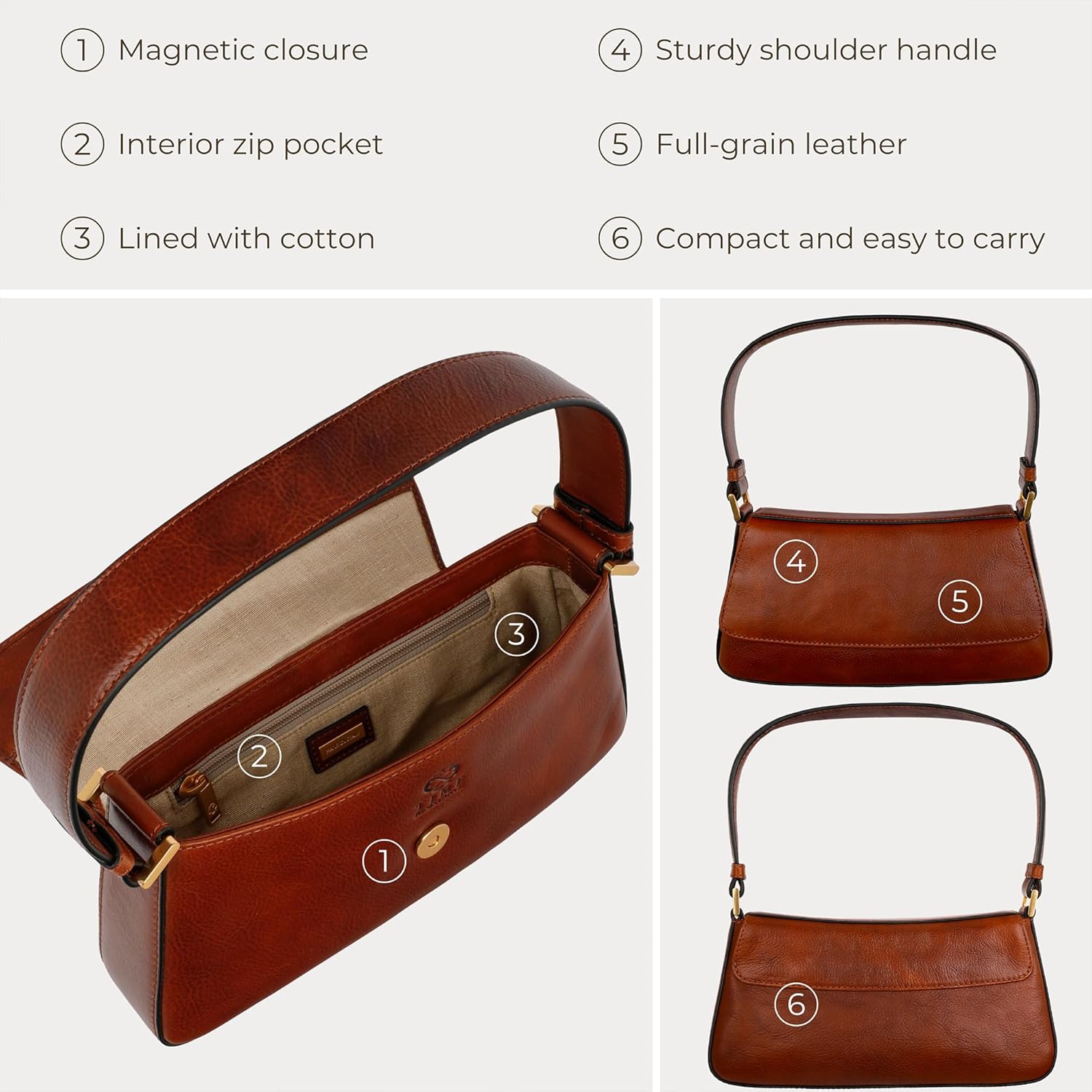 Time Resistance Leather Handbag - Full-Grain Leather Purse for Women - Shoulder Bag Made in Italy - Image 6