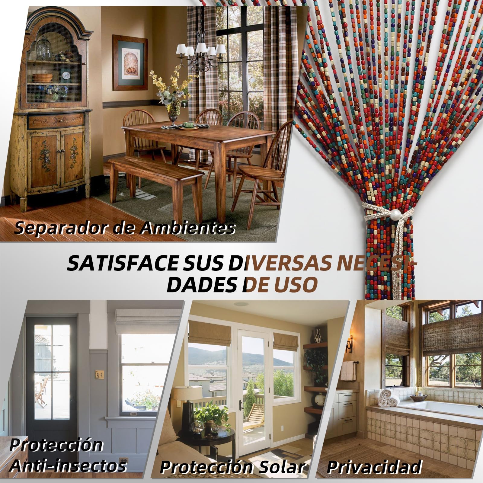 Cortina para puerta de balcón, 90 x 190 cm, cortina de puerta, decoración de puerta de balcón, 52 hebras, estilo bohemio, cortina de bambú, cuentas de madera hechas a mano para ventana