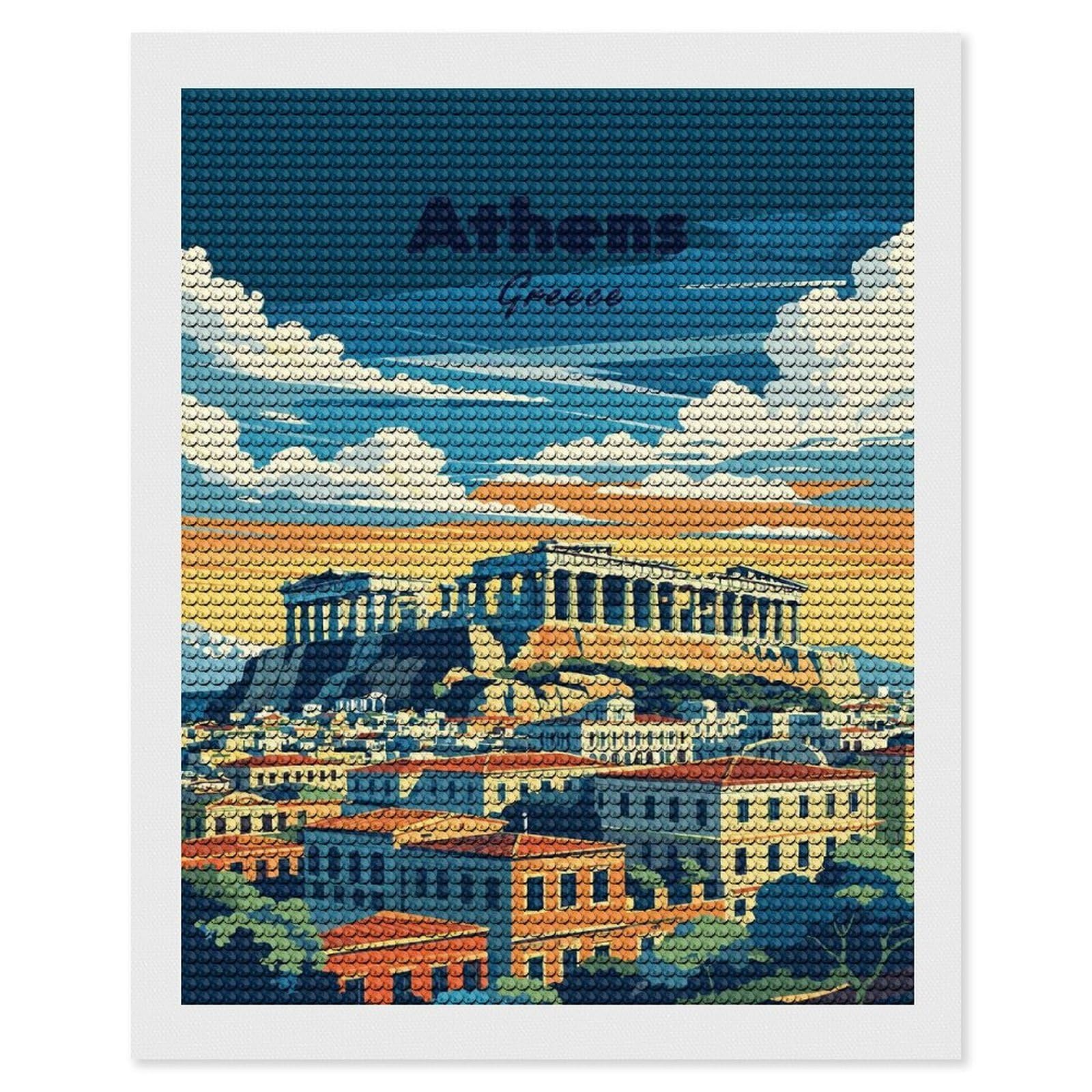 Junmoney Athens Greece Travel DIY Diamond Art Canvas Kit 16"x20", Pleasing Wall Art Project, Easy Handmade Project, Living Room Decor