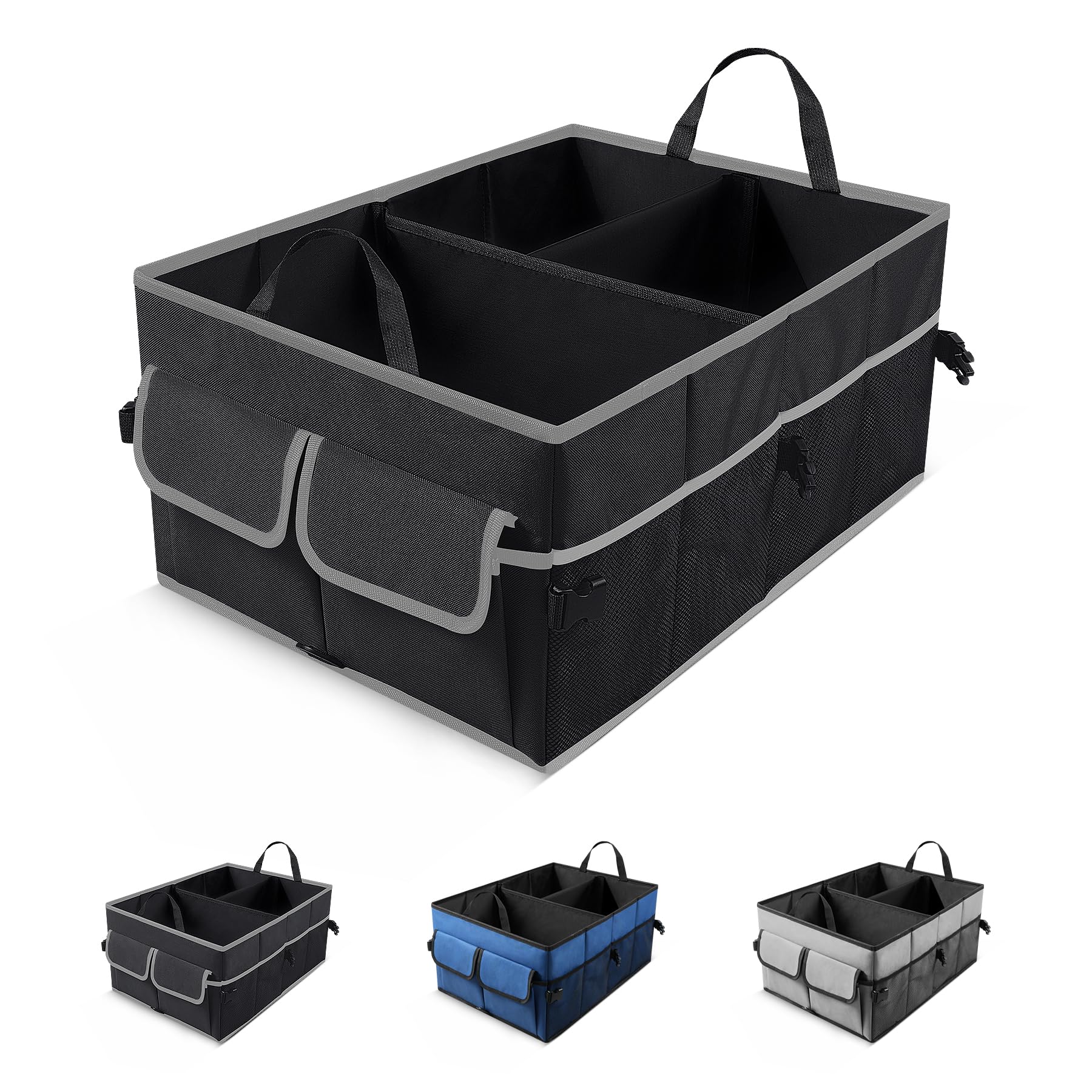 UYYE Organizador de maletero de coche con compartimentos plegables y duraderos para almacenamiento de carga, accesorios interiores con correas de seguridad ajustables y base antideslizante para coche