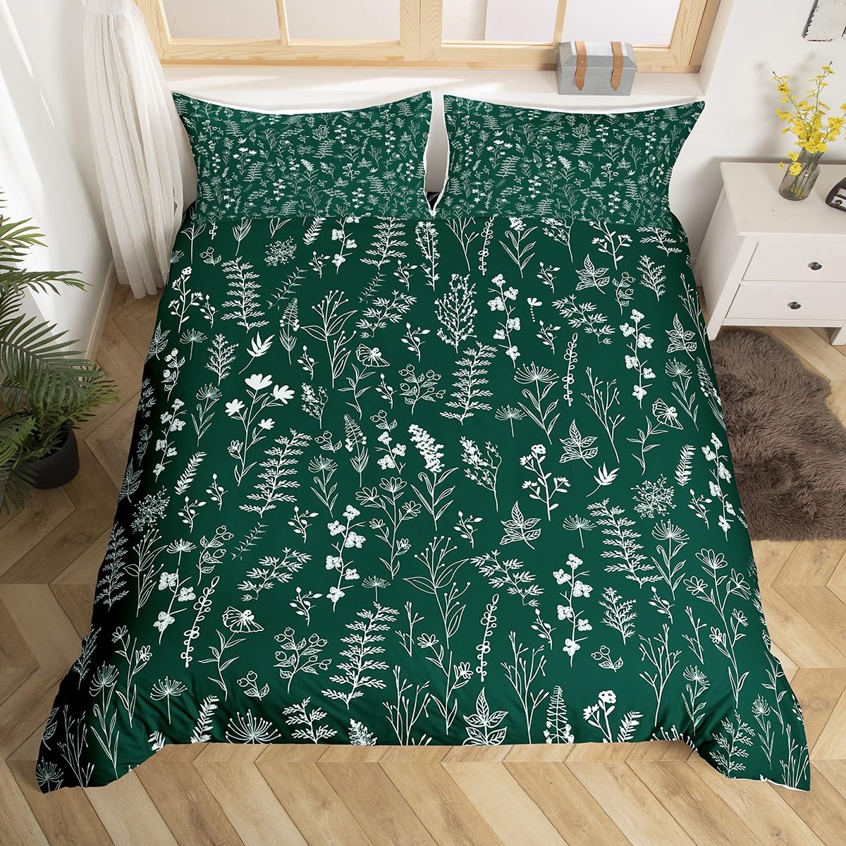 Homemissing Vintage Printed Duvet Cover Set King Size Cute Floral Bedding Set for Kids Teen Women Wildflower Botanical Pattern Comforter Cover White Green Bed Cover Soft All Season 3Pcs