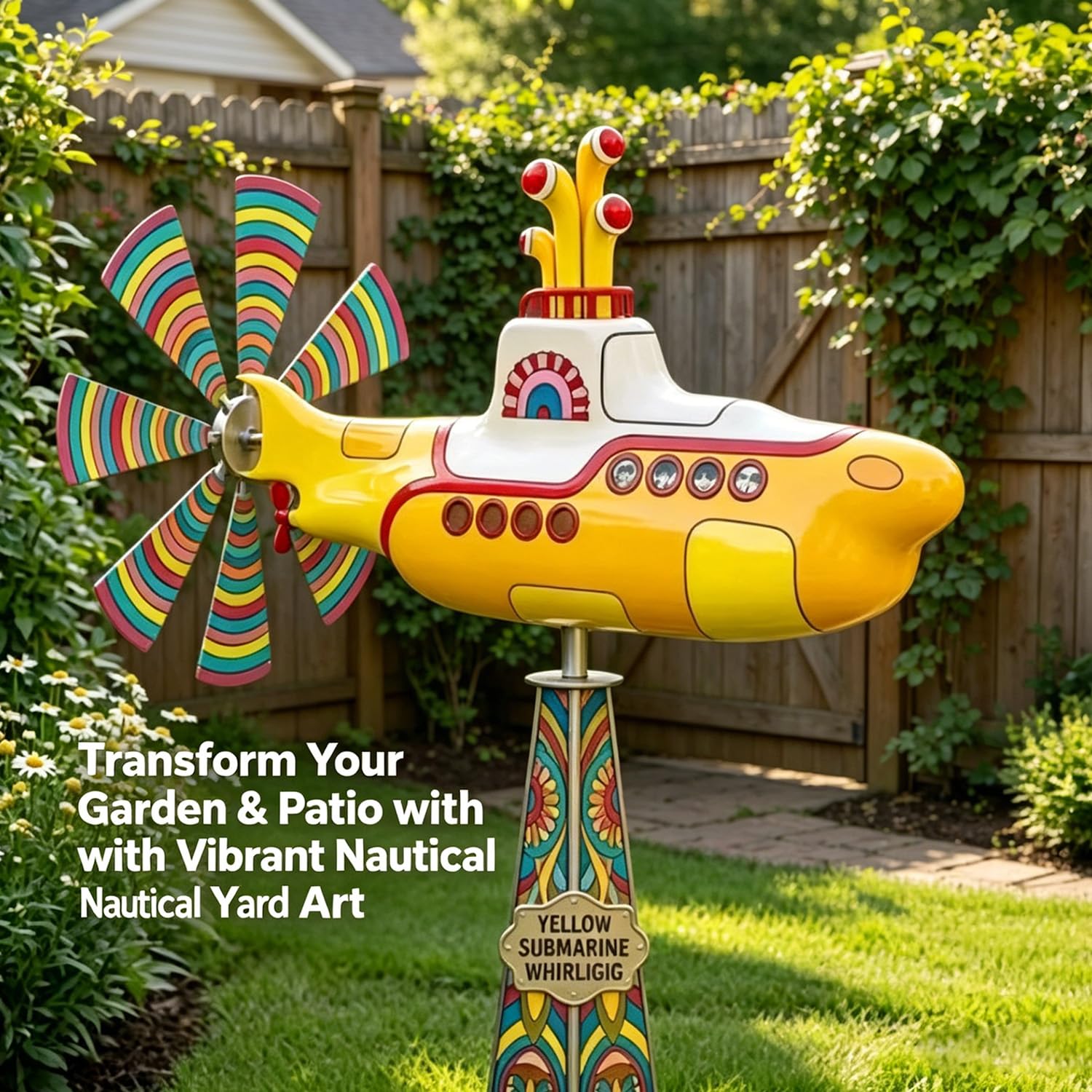 Yellow Submarine Wind Spinner for Garden, Retro Biplane Kinetic Wind Spinner, Metal Rotating Yard Art, 2D Kinetic Windmill Outdoor Garden Decor for Patio Lawn Flower Bed — view 2