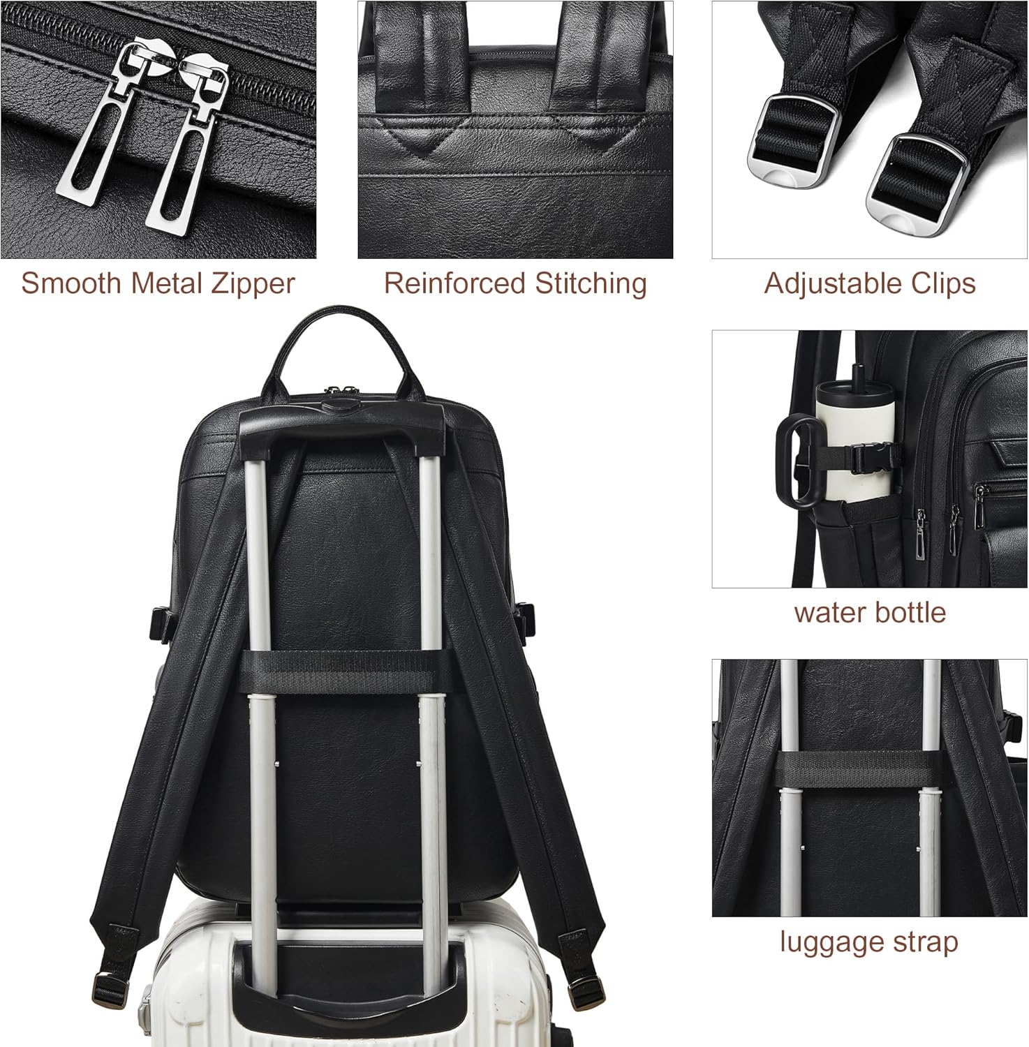 Vegan Leather Backpack, TSA Travel Backpack for Men and Women, Fits 17.0 Inch Notebook with Luggage Strap and USB Port, Black