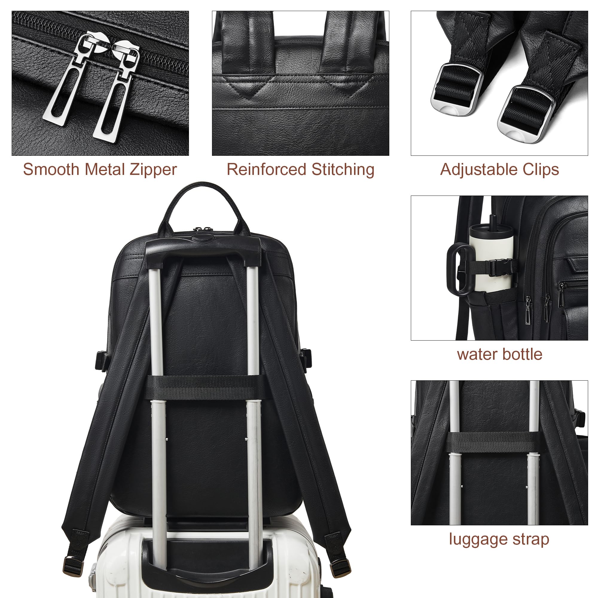 Zaino in pelle vegana, zaino da viaggio TSA per uomo e donna, adatto per notebook da 17 pollici, con tracolla per bagagli e porta USB, nero