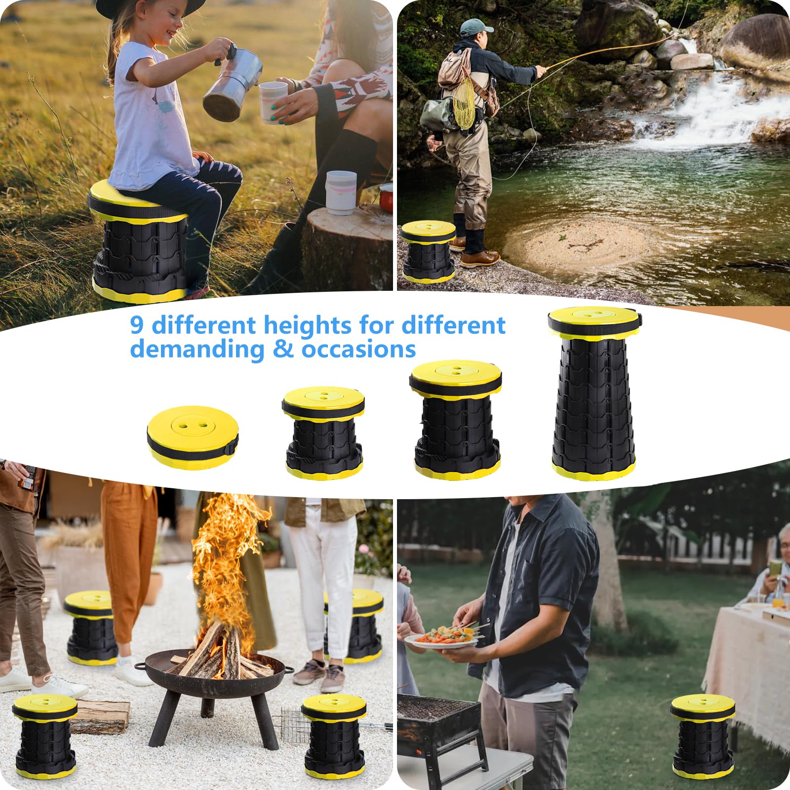 GeeRic Tabouret de Camping Portable, Chaise Pliante rétractable Tabouret de Camping Pliable télescopique Pliable pour la pêche en Plein air randonnée Jardinage BBQ Jaune
