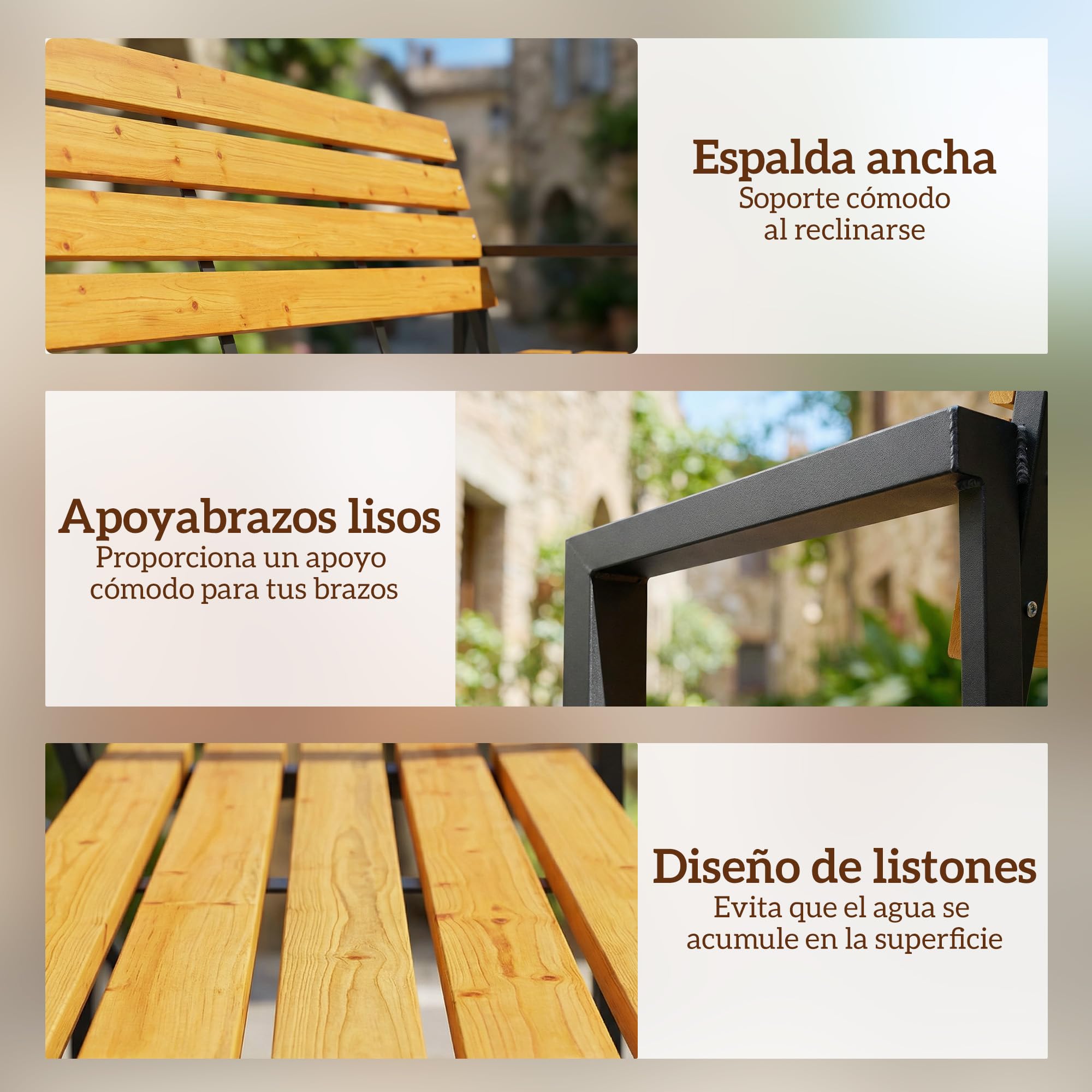 Outsunny Banco de Jardín Exterior de 2 Plazas, Banco Exterior con Respaldo y Asiento Listonado de Madera, Reposabrazos y Marco de Acero, para Patio, Terraza, 136x54x82 cm, Natural