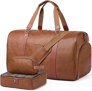 Double Bus 3-in-1 Leather Weekender Duffel Bag with Shoe Compartment & Toiletry Bag, Carry-On Gym Bag Fits 21" Laptop for Men Women