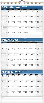 2026 Wall Calendar - 3 Month Calendar 2026 Vertical, Jan 2026 - Dec 2026, 3 Month Wall Calendar 2026, 11 x 26 In Open, 2026 Calendar with Large Print, Holidays, Thick Paper, Priorities & Notes, blue