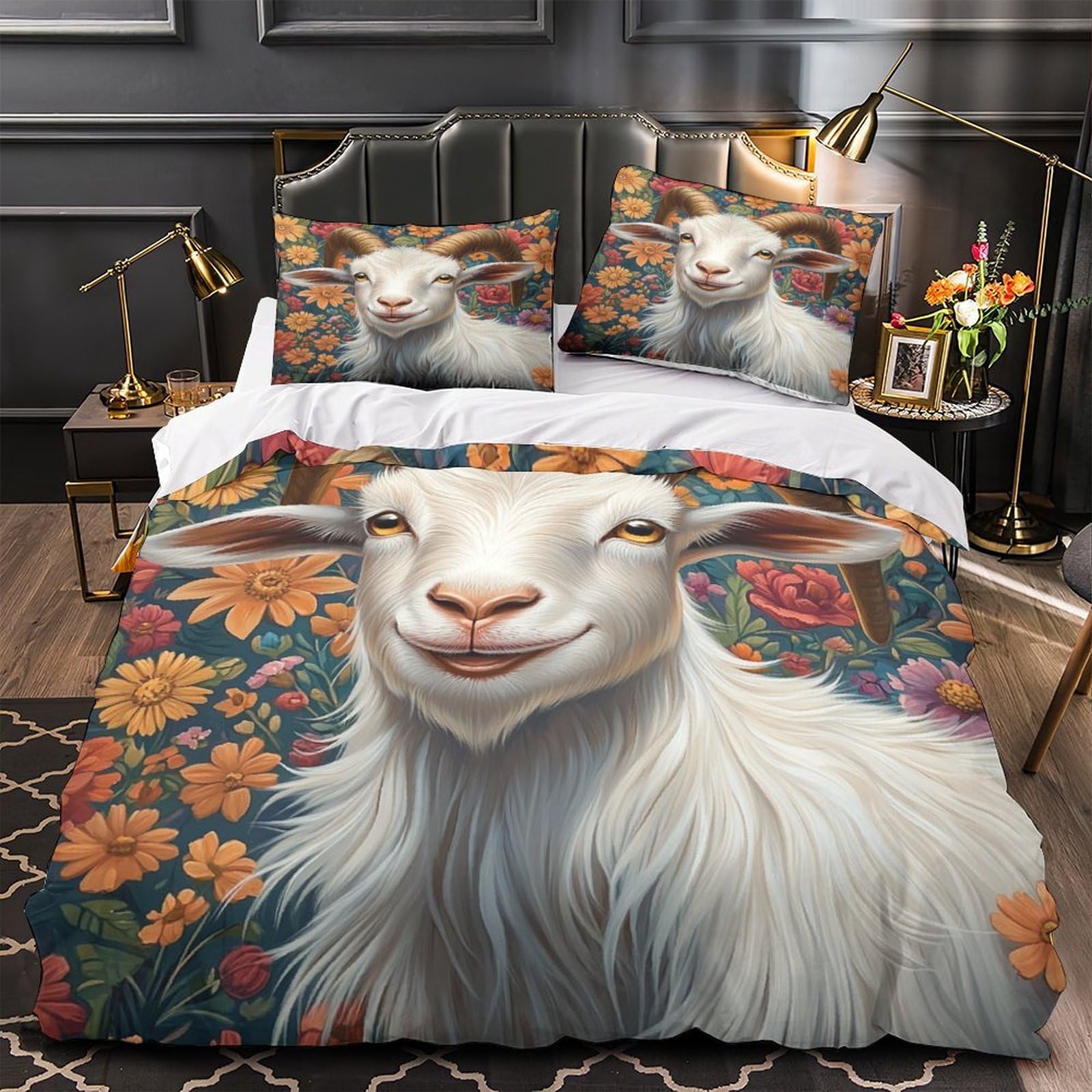 Housse de couette chèvre 3D en microfibre 135x200 avec 2 taies