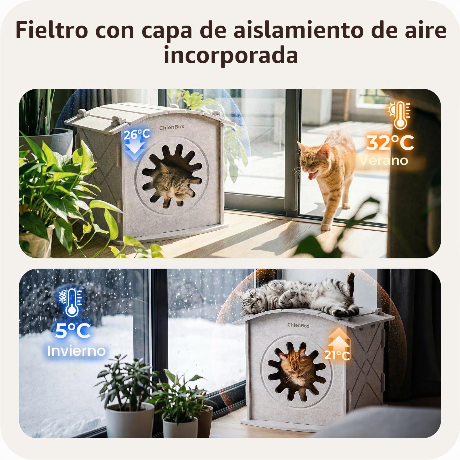 Casa para Gatos Interior de Fieltro: Cálida Cueva para Gatos Invierno, Casa Gatos Robusta, Casa Gato con Entrada Rascadora, Cama para Gatos Fácil de Limpiar y Montar, Cueva Gato 38x36x38cm