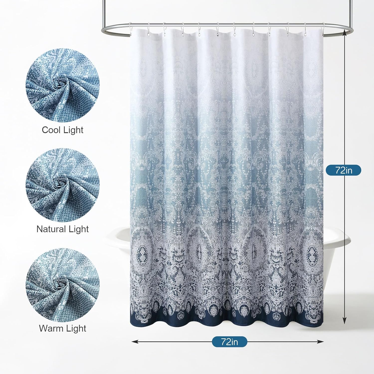 Blue Ombre Shower Curtain,Blue to White Gradient Lace Printed Fabric Curtains for Bathroom,72" W x 72" H