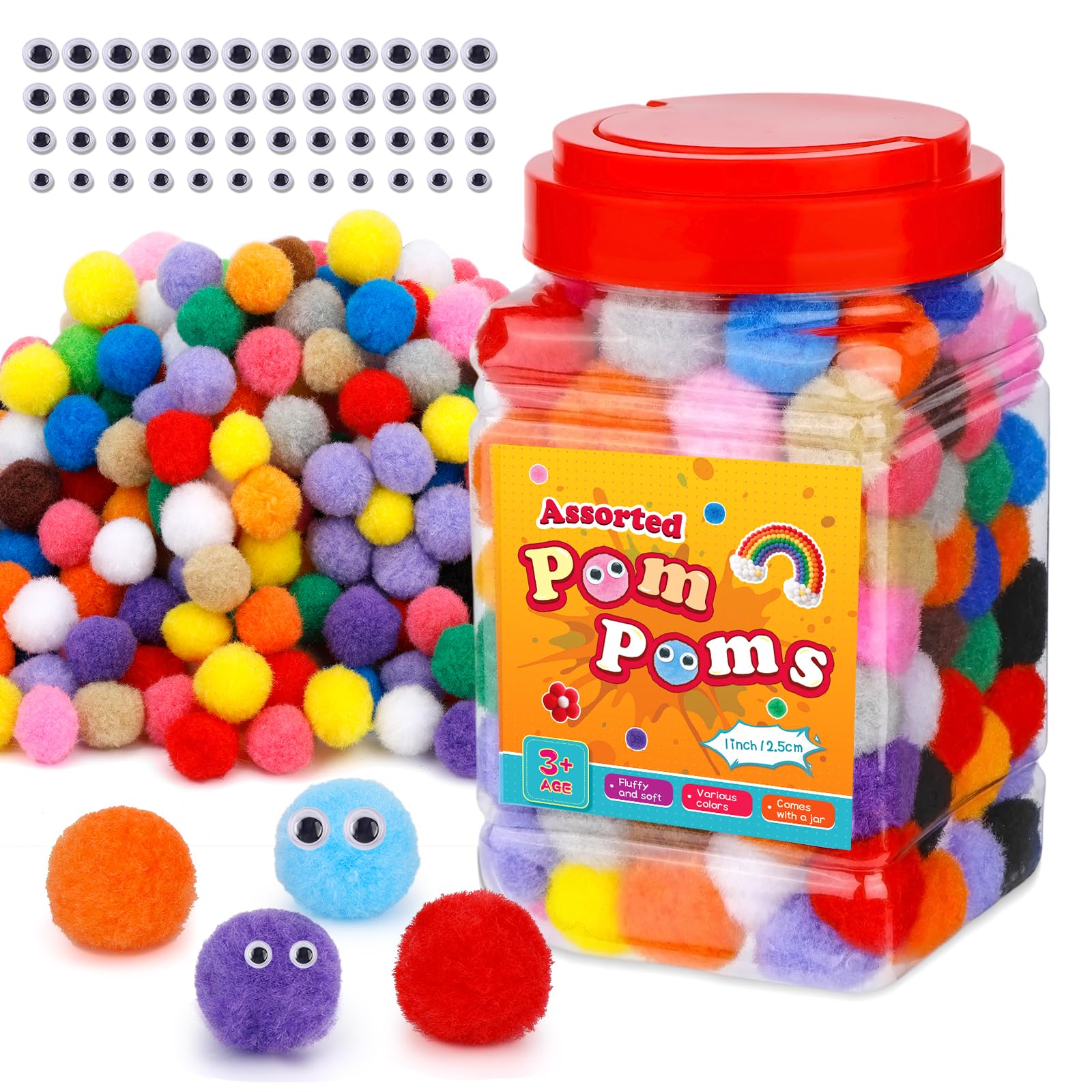 JUAYING 300 Pcs Pom Poms, 2.5cm Multicolor Pompoms for Crafting, Pom Poms Craft with 100 PCS Wiggle Eyes(5/6/7/8 Mm), Craft Pom Poms in Jar for Hats Crafts Projects, DIY Arts, Home Decorations