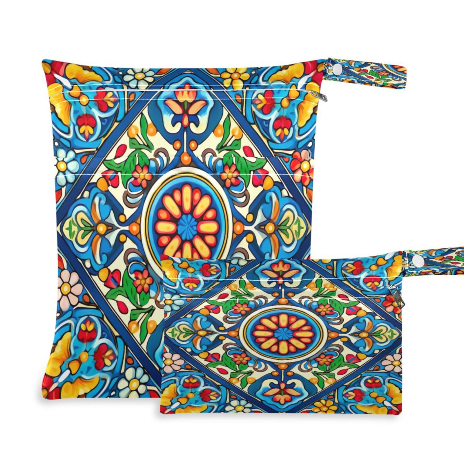 ATTX Mexican Ceramic Tile Wet Dry Bags 2-Pack - Reusable Cloth Diaper Storage for Travel, Beach & Gym | Multi-Use Waterproof Bags for Swimsuits, Baby Clothes, Sports Gear#329