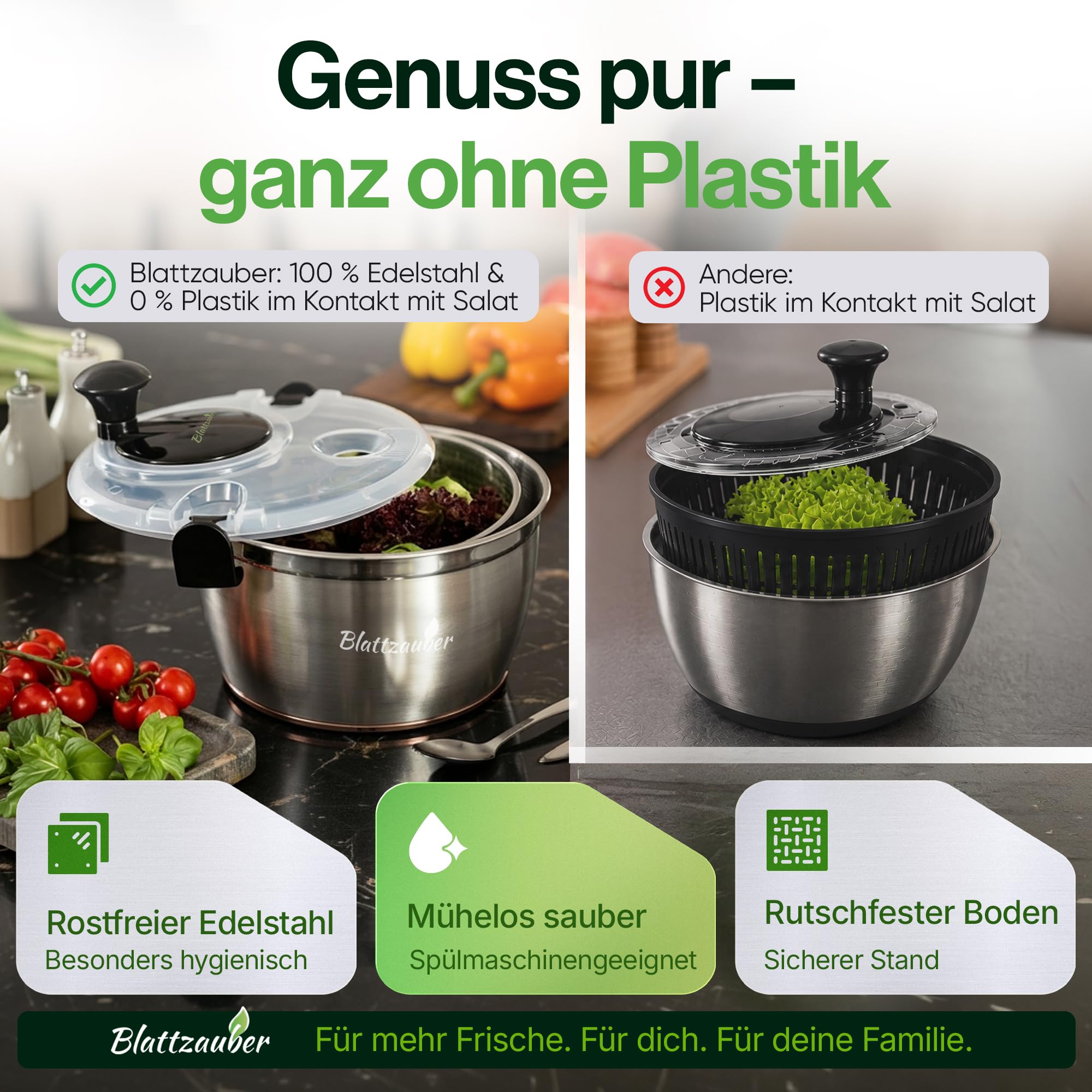 Salatschleuder Edelstahl 5 Liter Komplettset mit Deckel BPA-frei 2 Salatlöffel und Rezept Ebook Schleudern ohne Plastik für Gemüse und Kräuter