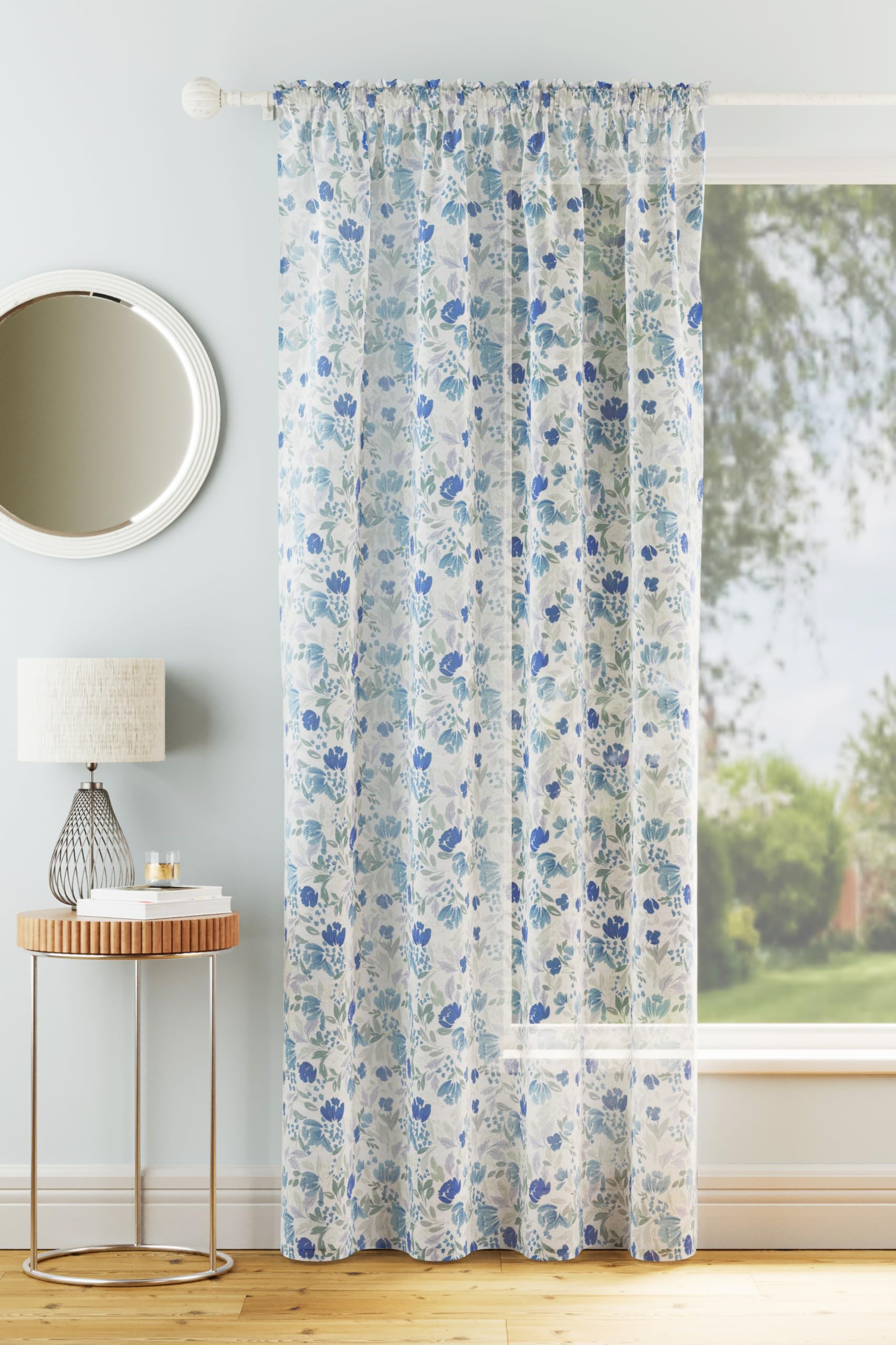 Tyrone Textiles Mia Blue Floral Sheer Voile Curtain – Single Rod Pocket Panel – 140cm Wide x 122cm Drop Each – Light Filtering Window Drapes for Bedroom, Living Room or Kitchen