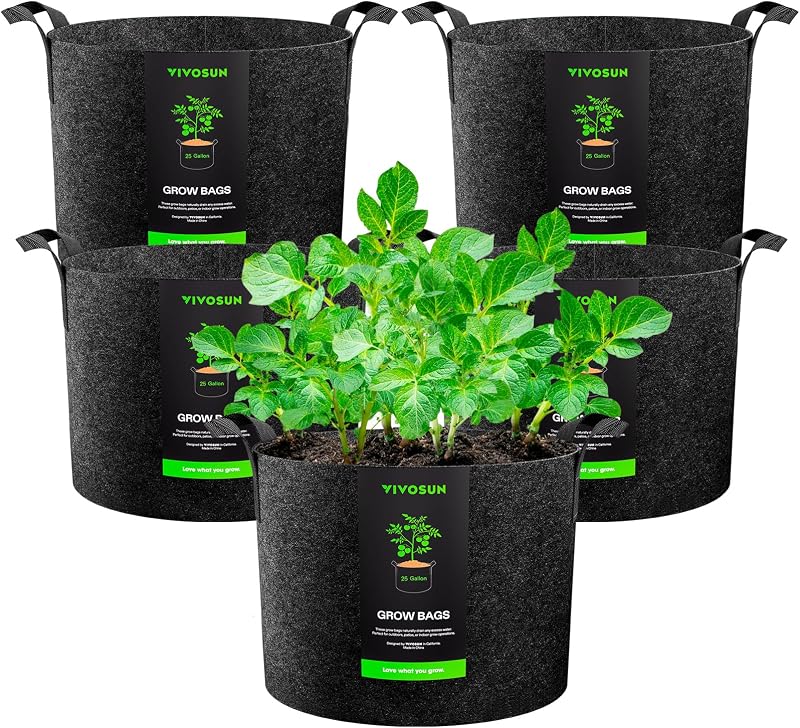 5-Pack 25 Gallon Plant Grow Bags Fabric Pots with Handles | 300G Thickened Nonwoven Fabric, Excellent Drainage, Healthy Root Growth, BPA-Free, Reusable