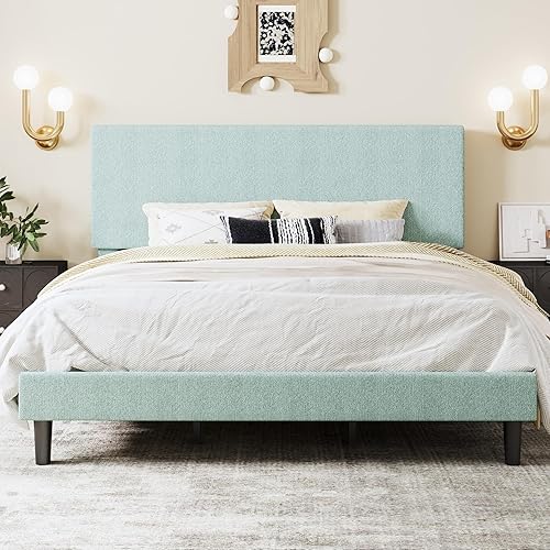 Miniatura 15 de SHA CERLIN Base de cama de plataforma de tamaño matrimonial con cabecera ajustable y soporte de listones de madera, base de colchón tapizada Boucle,