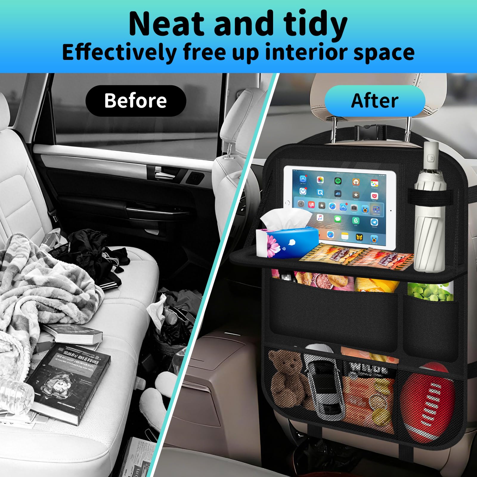 2 Piezas Organizador Coche, Organizador Asiento Coche Niños, Protector Asiento Coche con Mesa Plegable, Impermeable, Alfombrillas para Patadas para Juguetes, Bocadillos