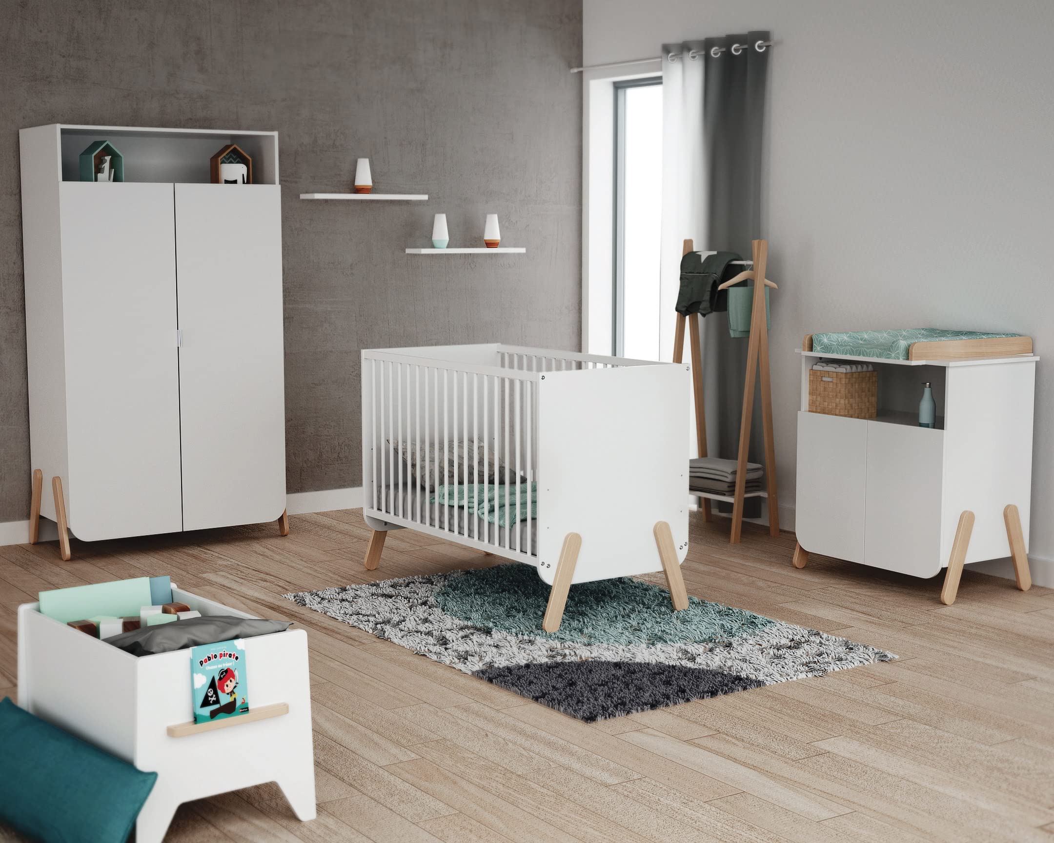 AT4 - Chambre PIRATE Blanc et Hêtre Verni | Lit bébé 60x120 | Armoire 6 étagères dont 4 réglables et une penderie | Plan à langer inclus