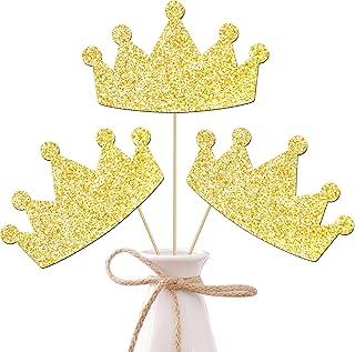 12pcs Gold Glitter Crown Centerpiece Sticks Queen Crown Theme Centerpieces for Table Princess Party Decorations for Girls Birthday Party Wedding Engagement Supplies