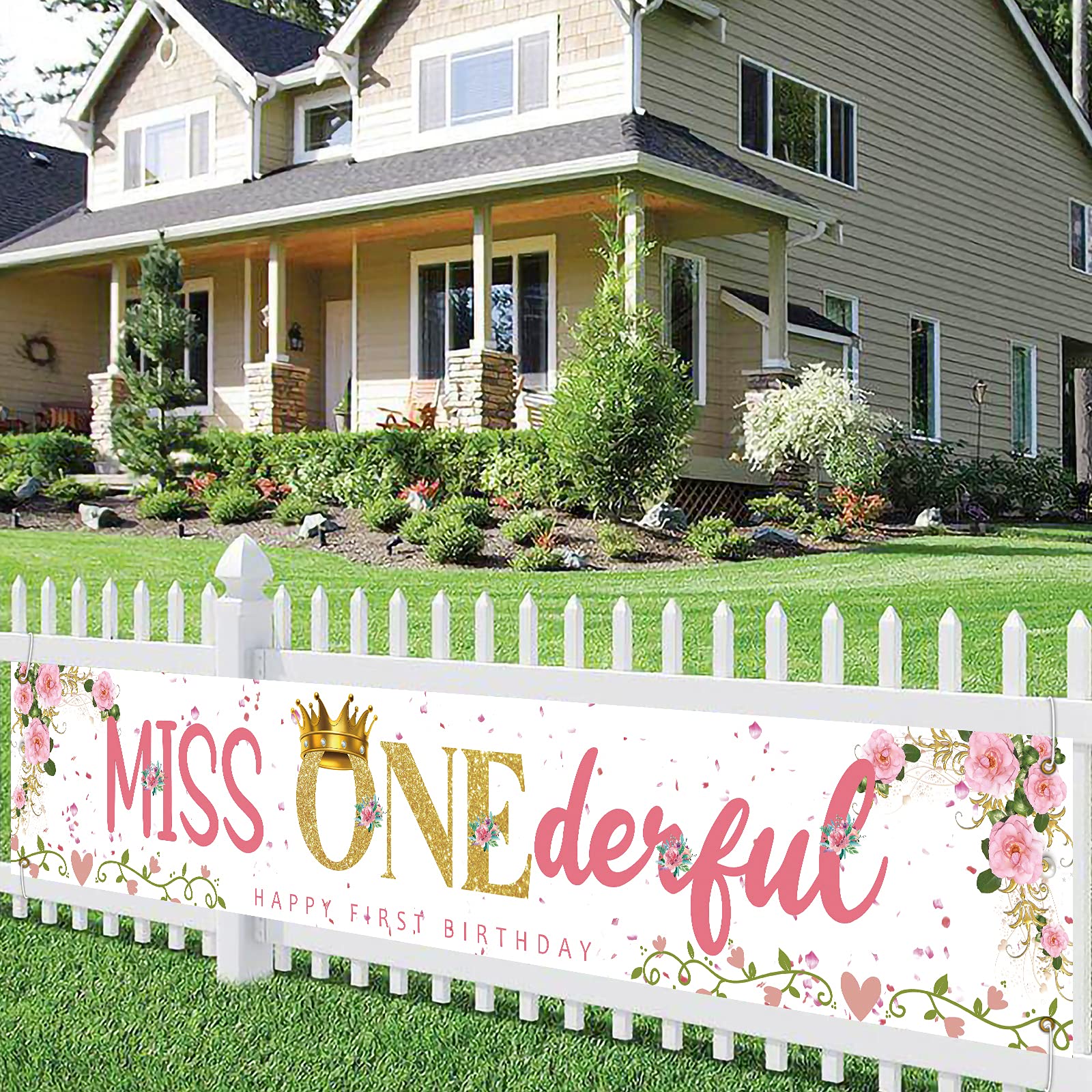 WHPCT Miss Onederful 1st Birthday Banner, Pink, 117.6" x 19.2", Foldable, Tear Resistant, Indoor/Outdoor, Girls