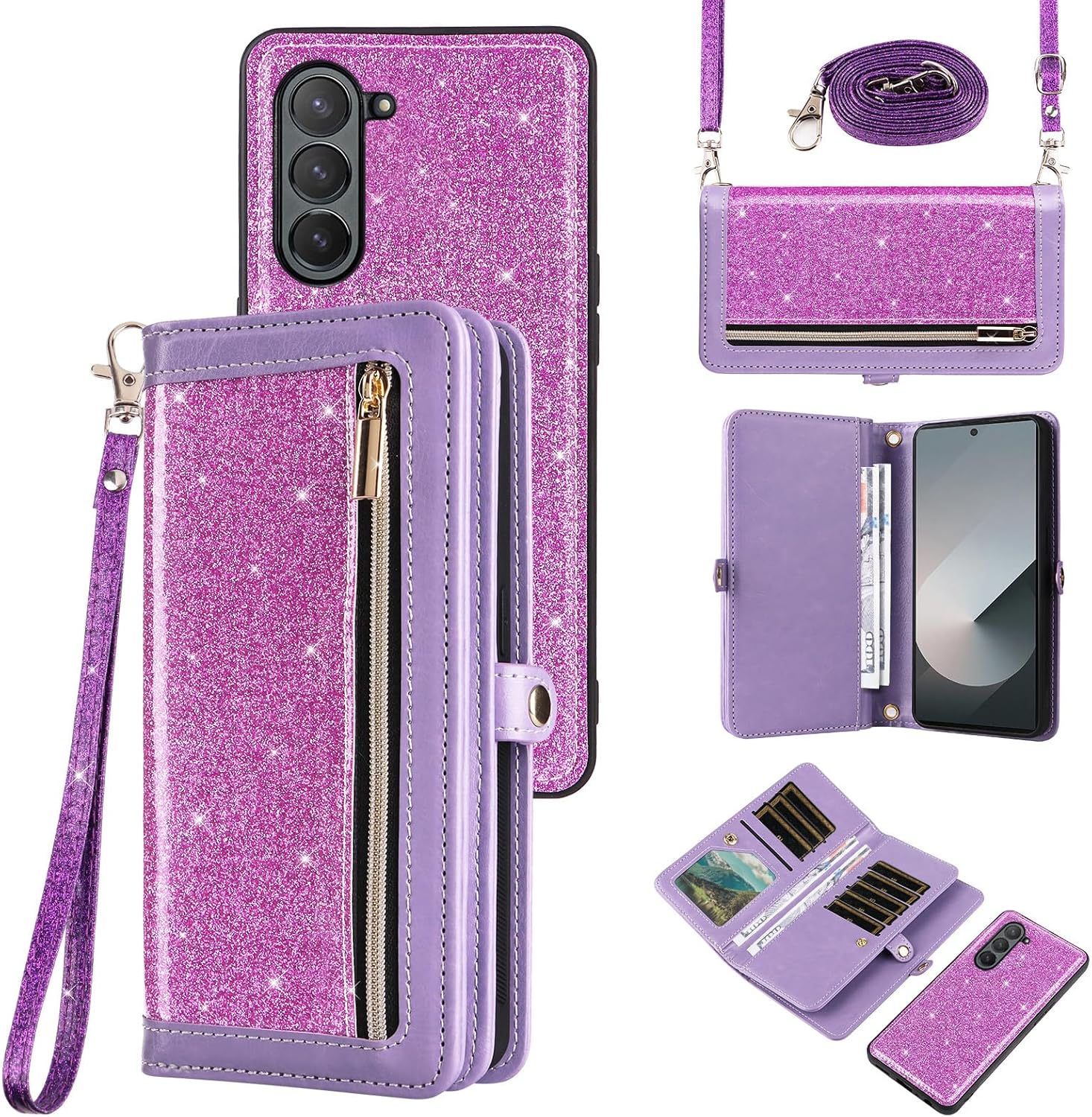Asuwish Phone Case for Samsung Galaxy Z Fold 6 5G 2024 Zipper Wallet Detachable Cell Cover with Crossbody Lanyard Strap Bling Glitter Flip Card Holder Slot ZFold6 Z6 G Fold6 6Z Women Men Girls Black