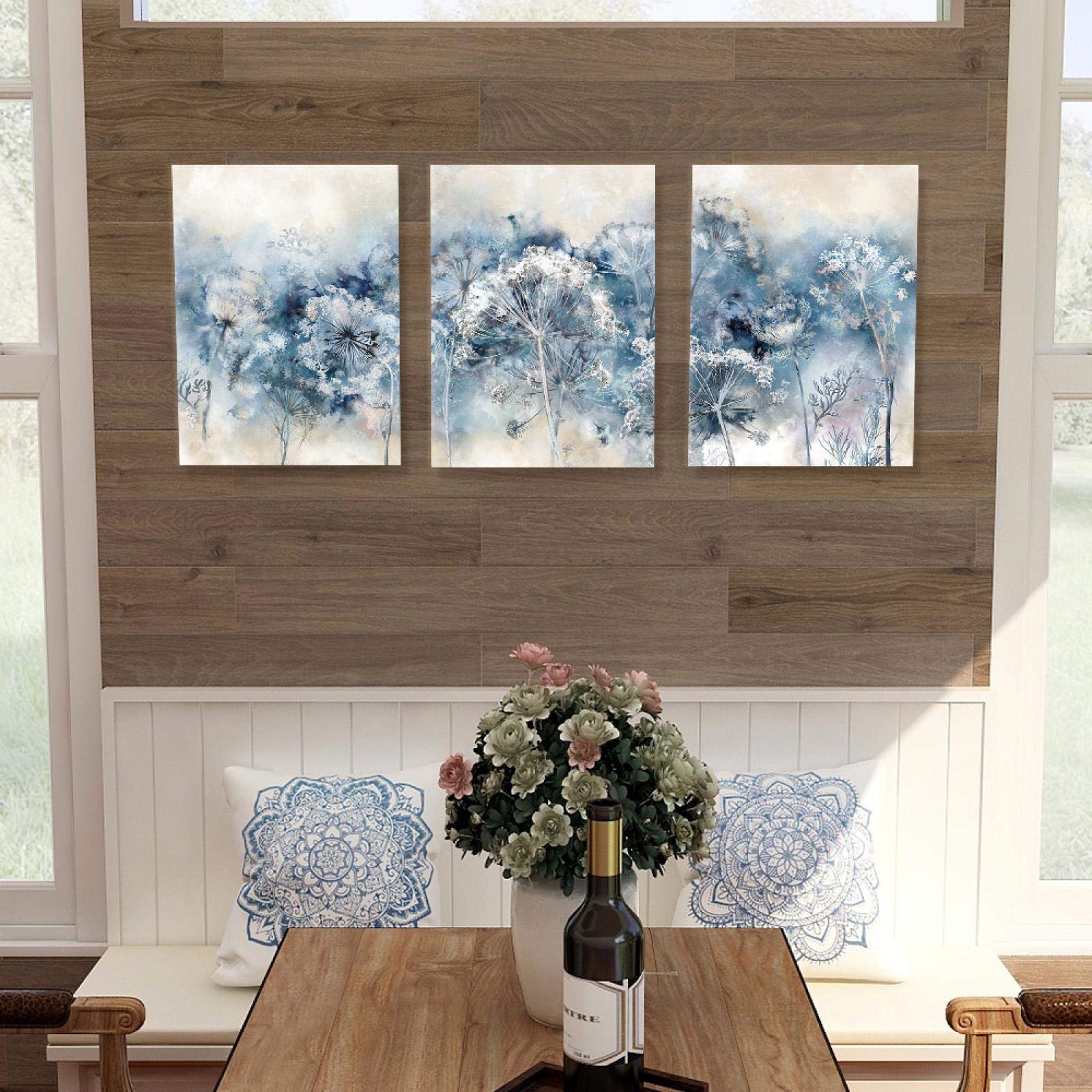 Yooyu Diente de león Arte de la pared Pintura en lienzo Carteles botánicos para el dormitorio Azul Blanco Baño Impresiones Casa de campo moderna Imagen (24x35in) 60x90cmx3 con marco