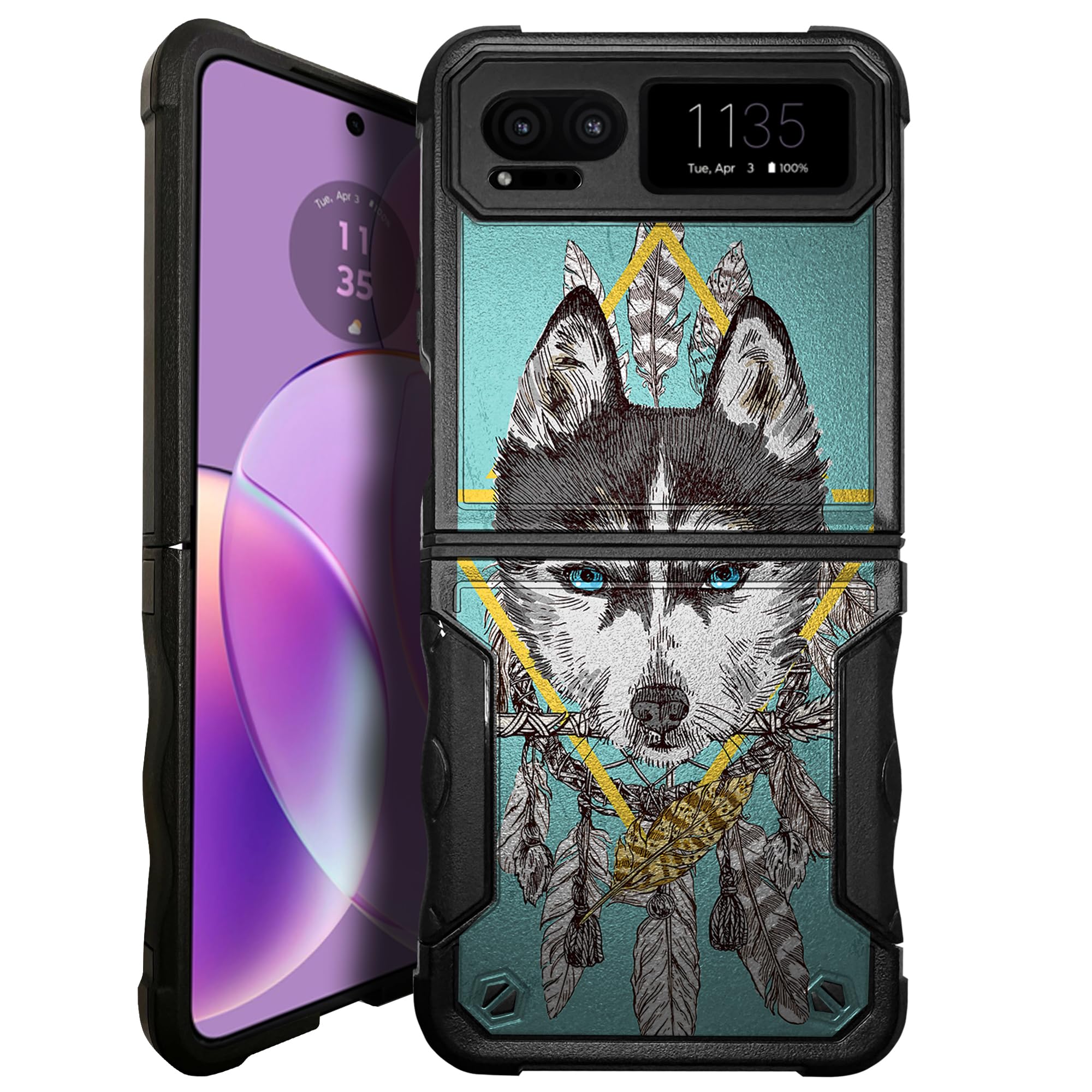 CasesOnDeck GripArmor Shield Fitted Black Dual Layer Case: Compatible with Motorola RAZR (2023) / RAZR 2023, Design and Heavy Duty (Teal Wolf)