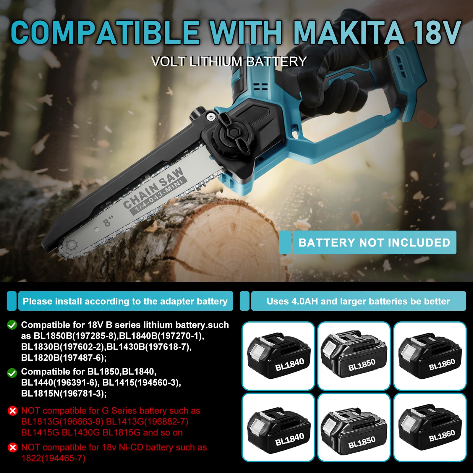 Motosierra Inalámbrica 8 y 6 Pulgadas para Makita 18V (sin Batería) | Mini Motosierra sin Escobillas, Lubricación Automática de Cadena, 2 Placas, 4 Cadenas, Guantes, Gafas y Maletín