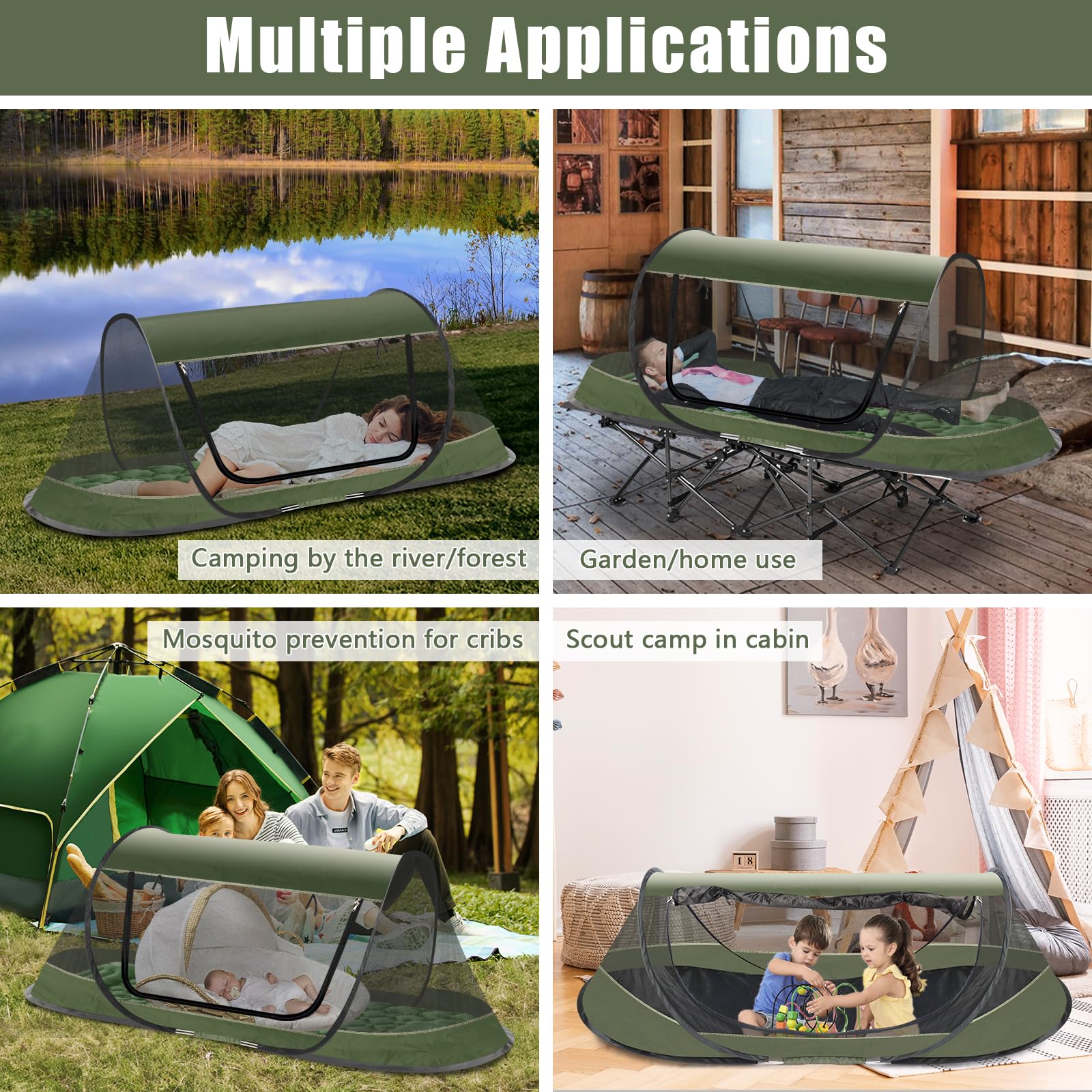 Tienda de campaña para mosquiteros desplegable para camping, tienda de campaña para 1 persona, red de pantalla de configuración automática 3s para adultos y niños, se adapta a catre de campamento 7