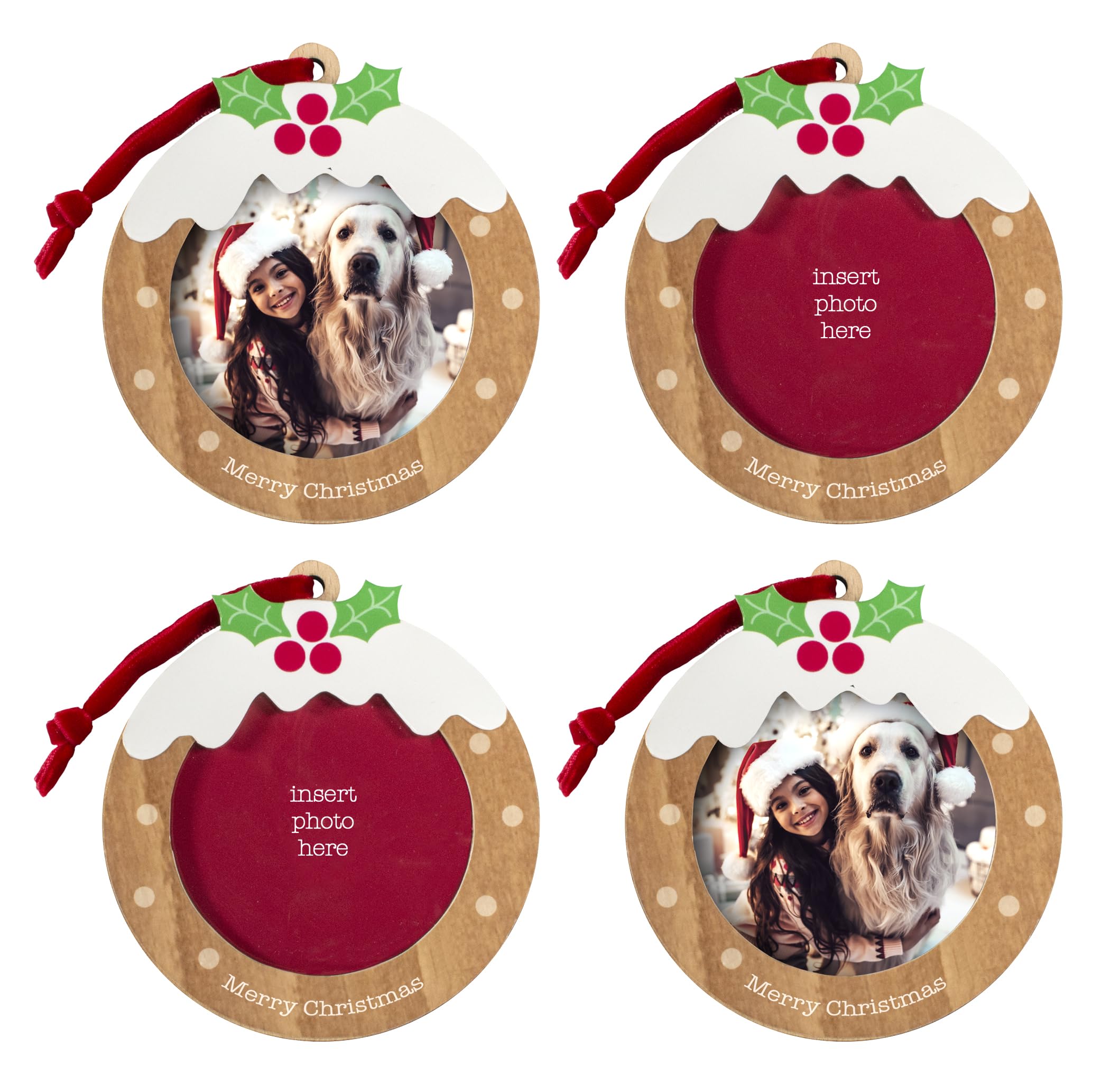 Shot2go Red Pack Of 4 Wooden Christmas Pudding Photo Ornament Baubles - Each Holds One 72Mm Photo