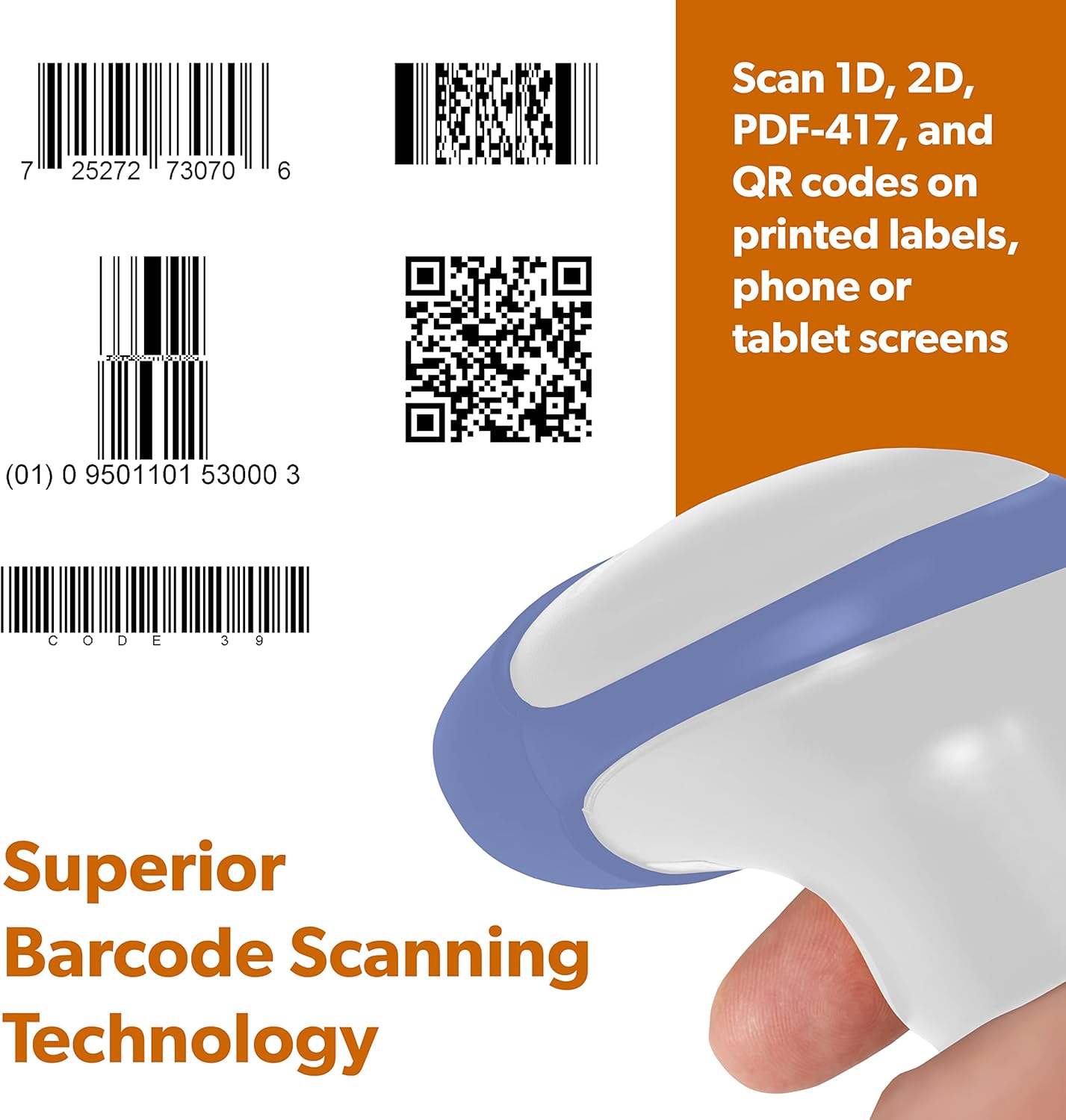 Examples of 1D, 2D, PDF-417, and QR codes with a hand holding the AMBIR BR200 scanner in the foreground