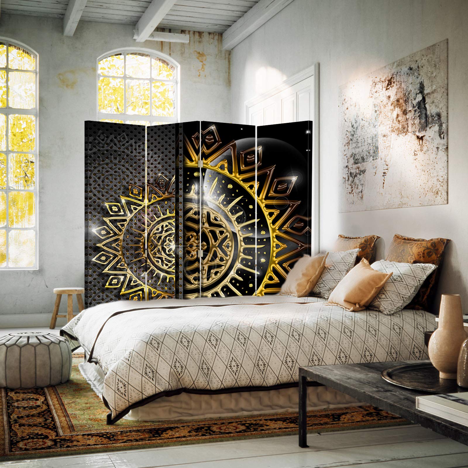 Paravent Chambre à Inversion de Sens Abstraction 4 Panneaux Dessin Noir 145x175 cm