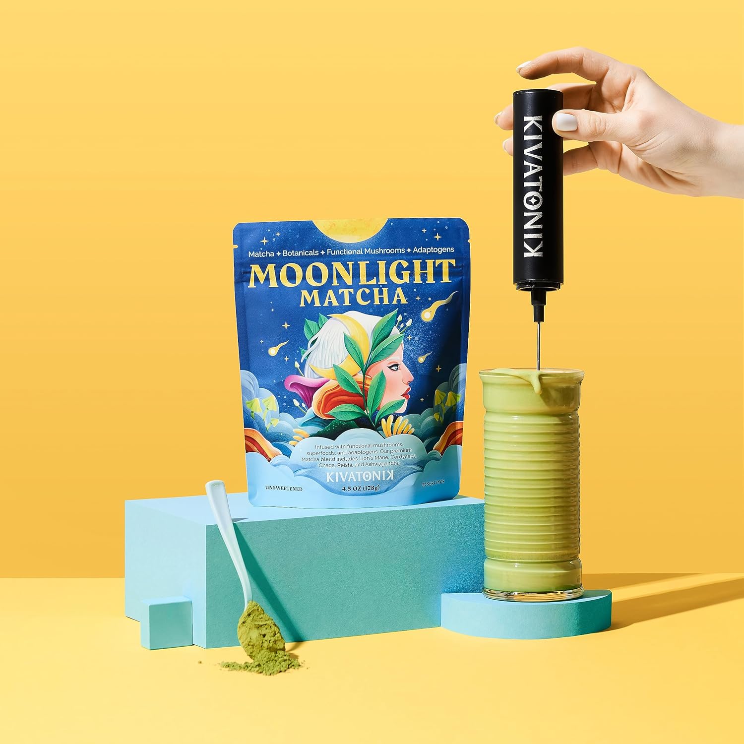 KIVATONIK Moonlight Matcha - Ceremonial Matcha with Organic Functional Mushrooms and Adaptogens - Lion's Mane, Cordyceps, Chaga, Reishi, and Ashwagandha (32 Servings, Lightly Sweetened)