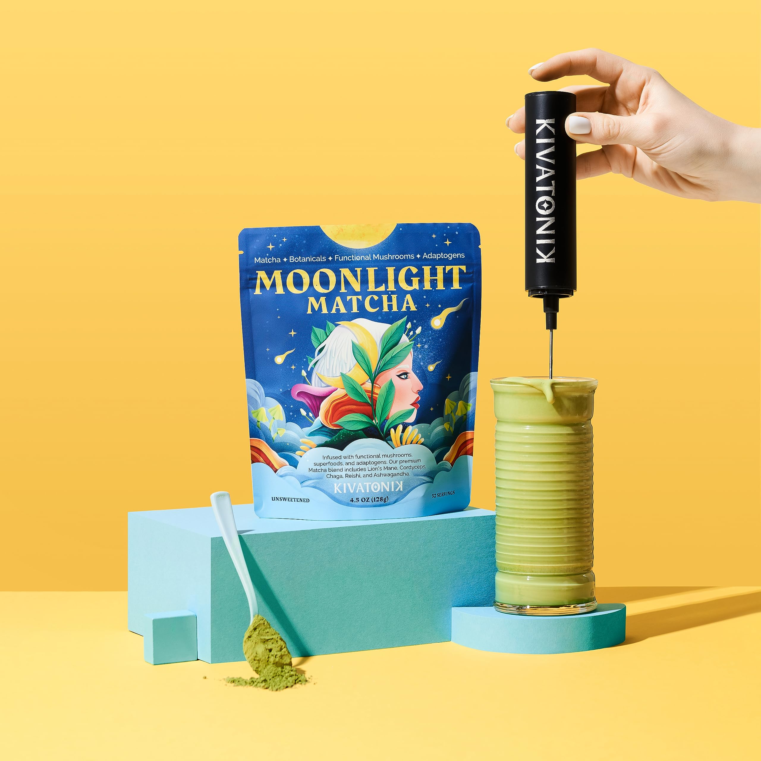 KIVATONIK Moonlight Matcha - Ceremonial Matcha with Organic Functional Mushrooms and Adaptogens - Lions Mane Cordyceps Chaga Reishi — view 5