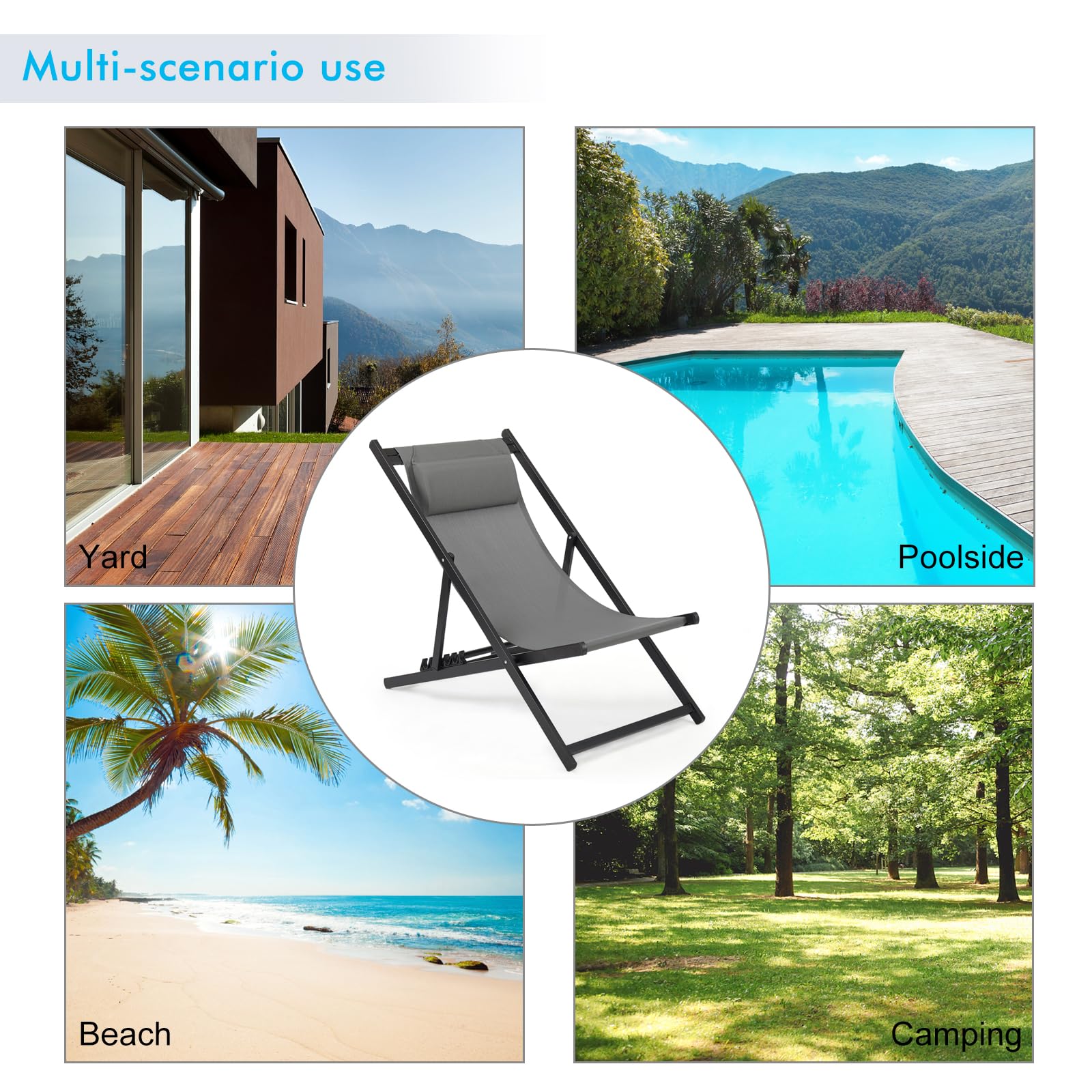 Mondeer Lot de 2 Chaise Longue Pliable, Coton Bains de Soleil Fauteuil Relax de Plage pour Intérieur et Extérieur Balcon Terrasse, 104D x 58 W x 95H cm, Gris