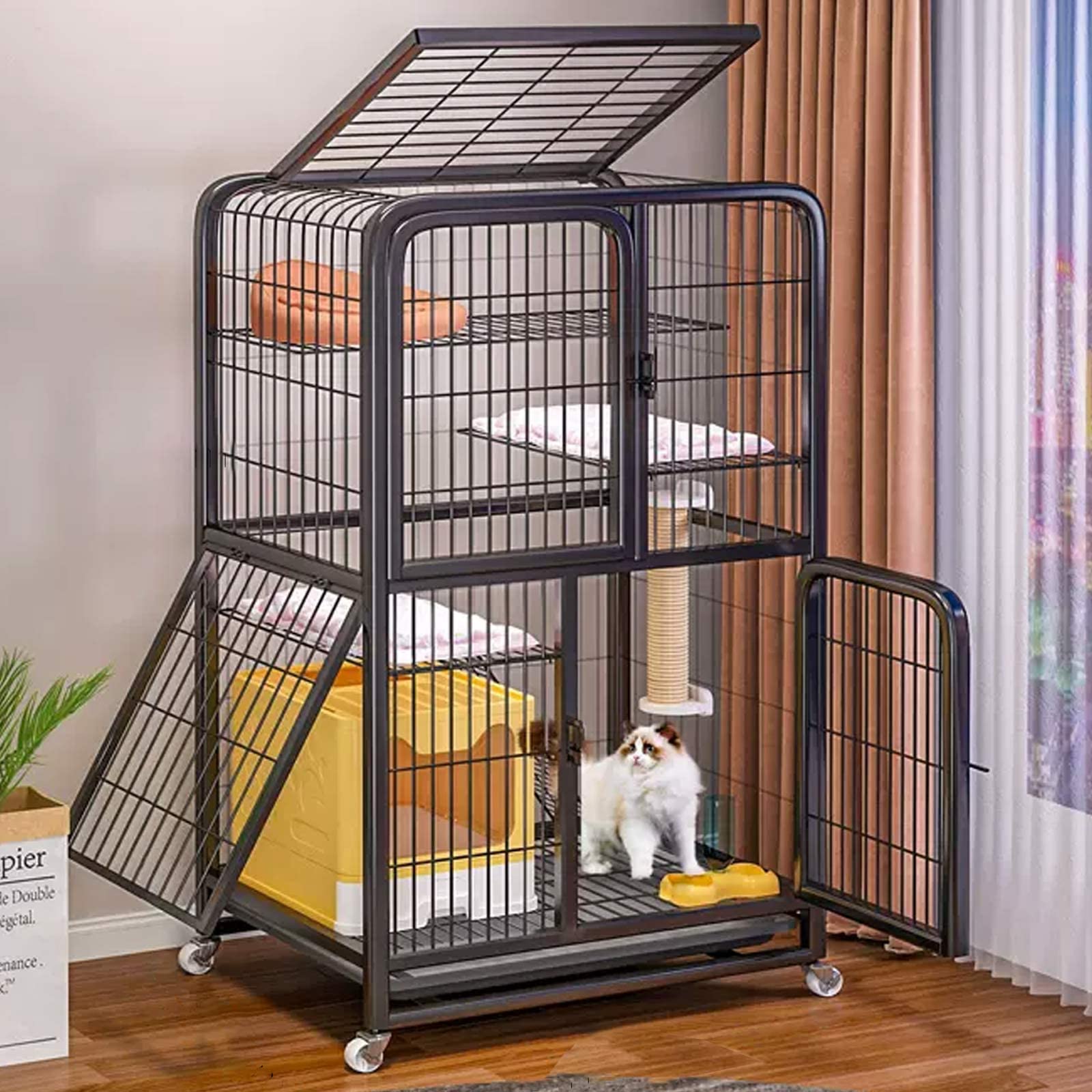 Gabbie per Gatti da Interno a 4 Ripiani con lettiera, Gabbia per Animali Domestici di Grandi Dimensioni, recinto per Gatti Extra Large Staccabile, Ruote girevoli a 360°, Piedini a griglia,