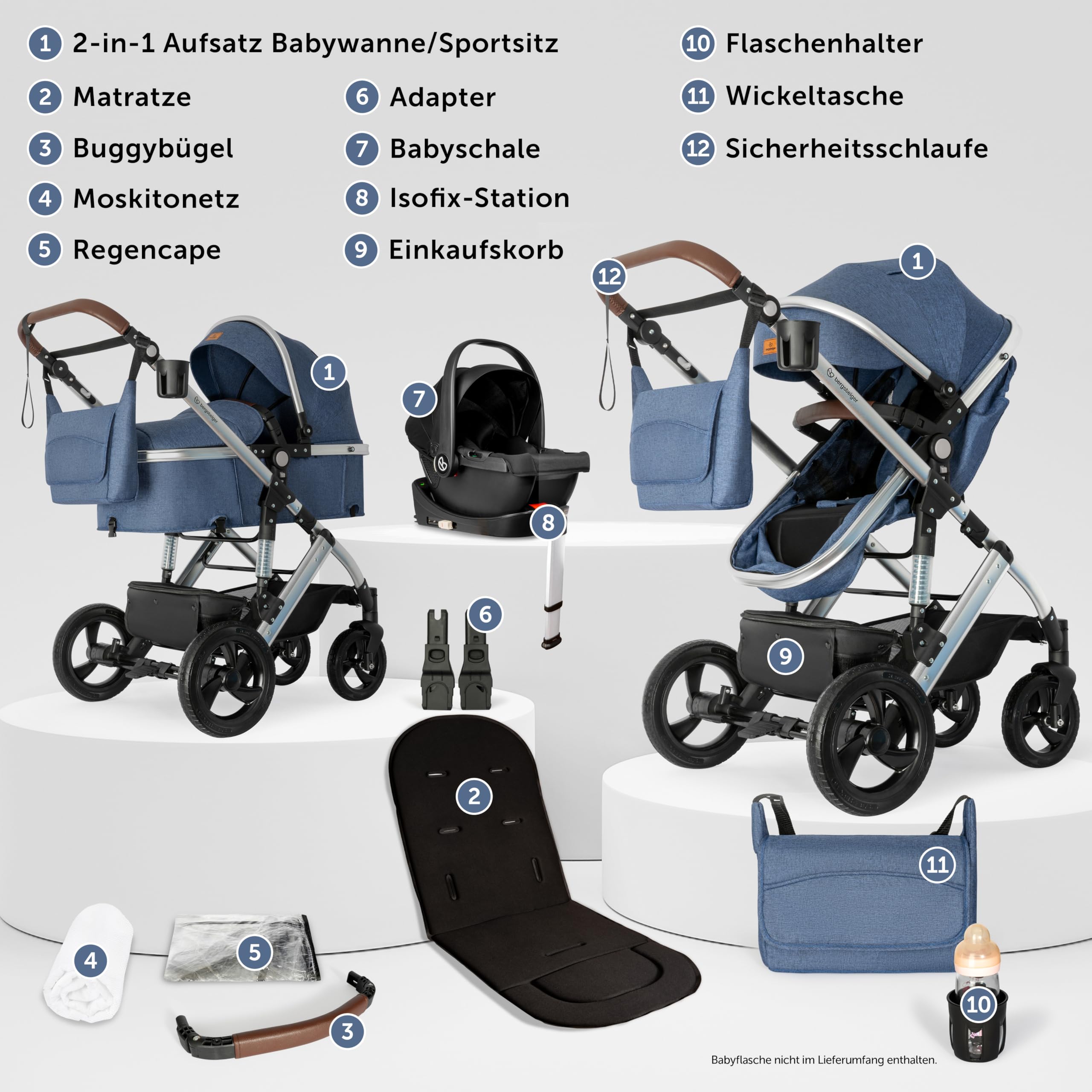 Bergsteiger Nizza Kombikinderwagen 3-in-1 Isofix Station Babyschale | Komplettset mit Aluminiumgestell Schwenkrädern verstellbarem Griff Babywanne Buggysitz Wickeltasche und Regenschutz