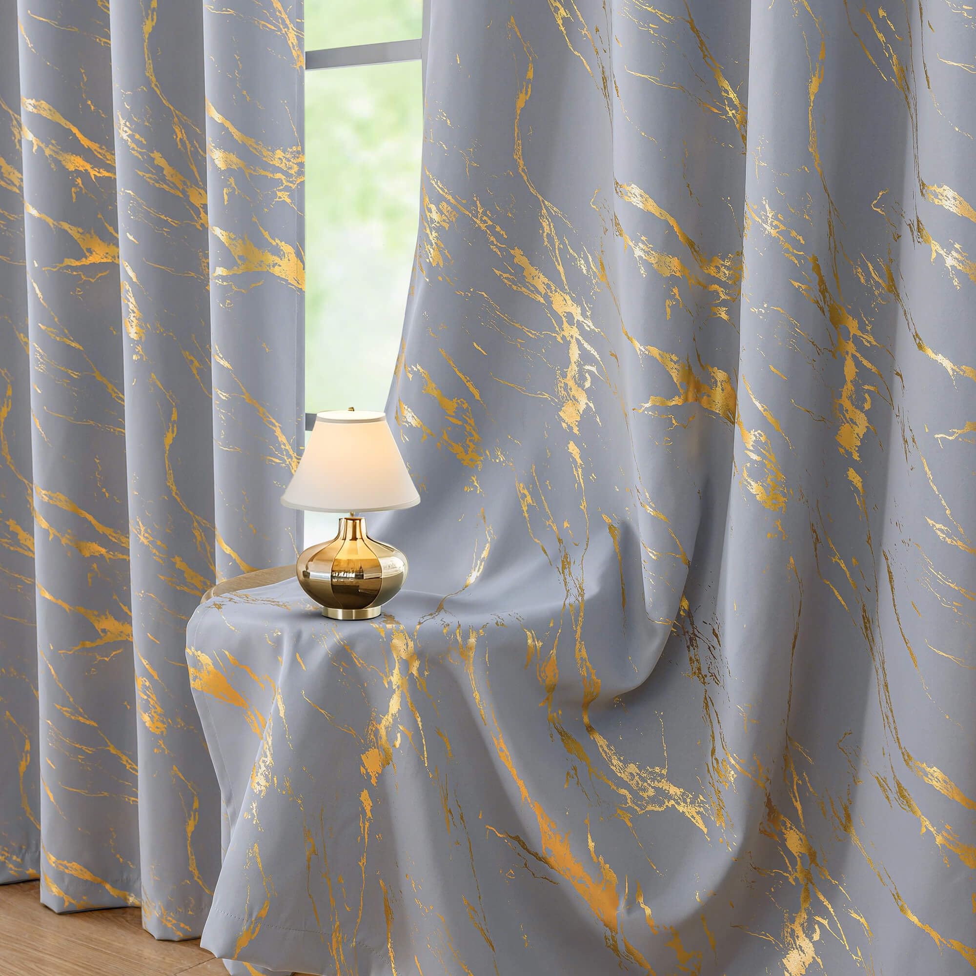 WUBODTI Grey Blackout Curtians Gold Marble Patterned 100% Blackout Curtains 108 Inch Length 2 Panels Set for Bedroom Living Room, Modern Grommet Print