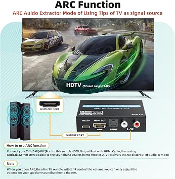 HDMI Audio Extractor Converter, 4K@60Hz Audio Adapter with Optical SPDIF + 3.5mm Stereo + Analog RCA L/R Audio Adapter, HDMI ARC Converter Supports 5.1 HDCP 2.2 HDR 18Gbps, for PS5 Xbox HDTV