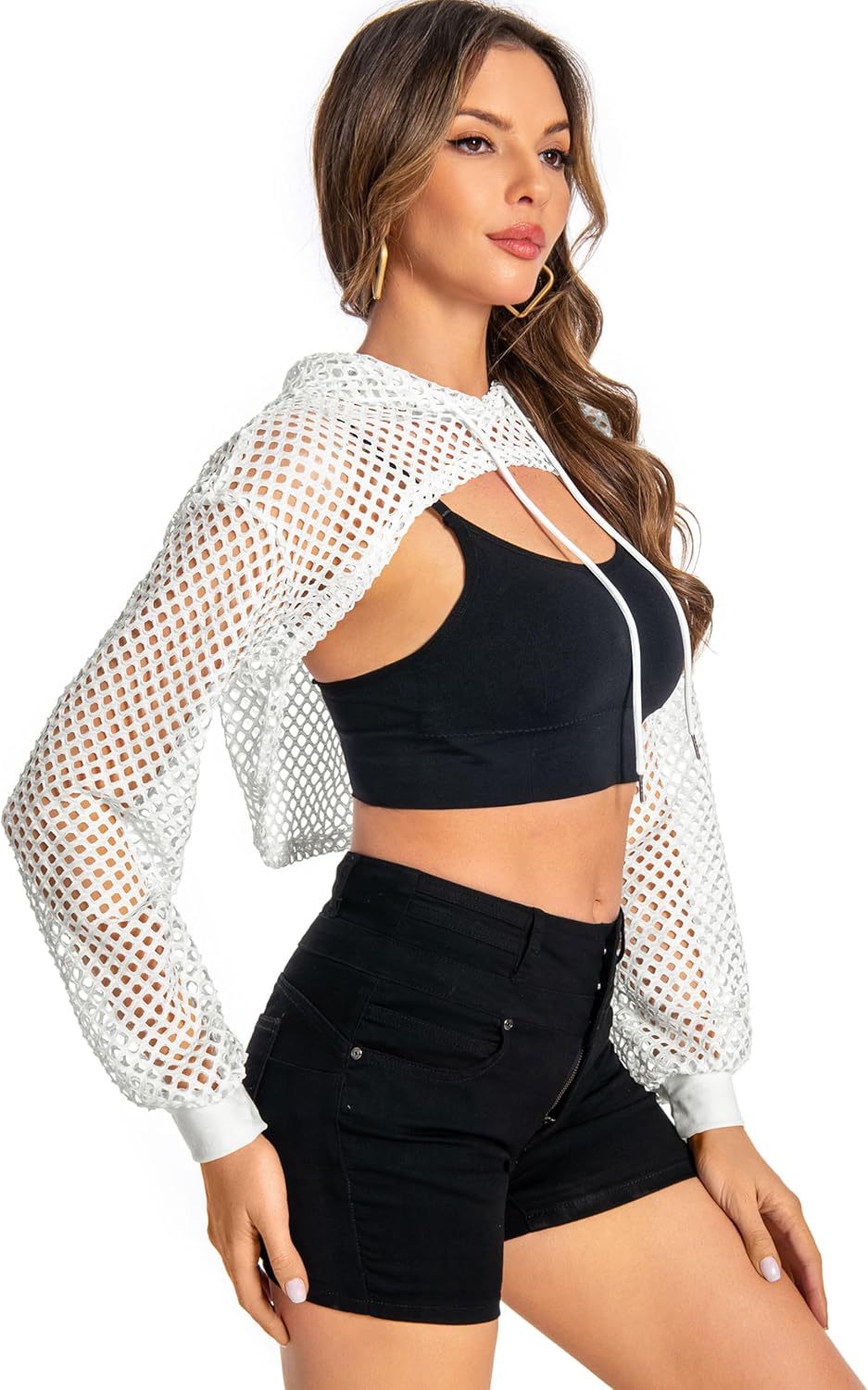 Women Mesh Crop Top Hoodie Fishnet See Through Long Sleeve Shirt Sheer Blouse for Club Party - Image 3