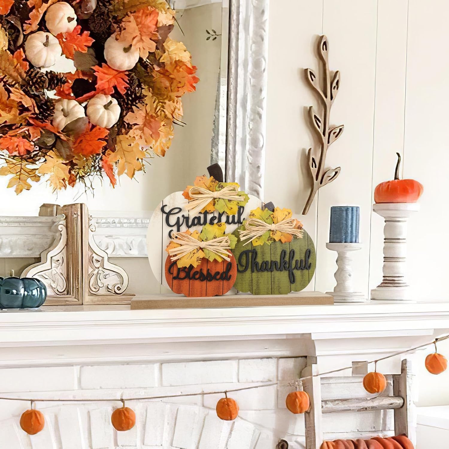 3 Pcs Fall Pumpkin Decor Wooden Table Sign Thankful Blessed Grateful Tabletop for Autumn Farmhouse Vintage Thanksgiving Harvest Party Rustic Home Room Table Shelf Halloween Decorations