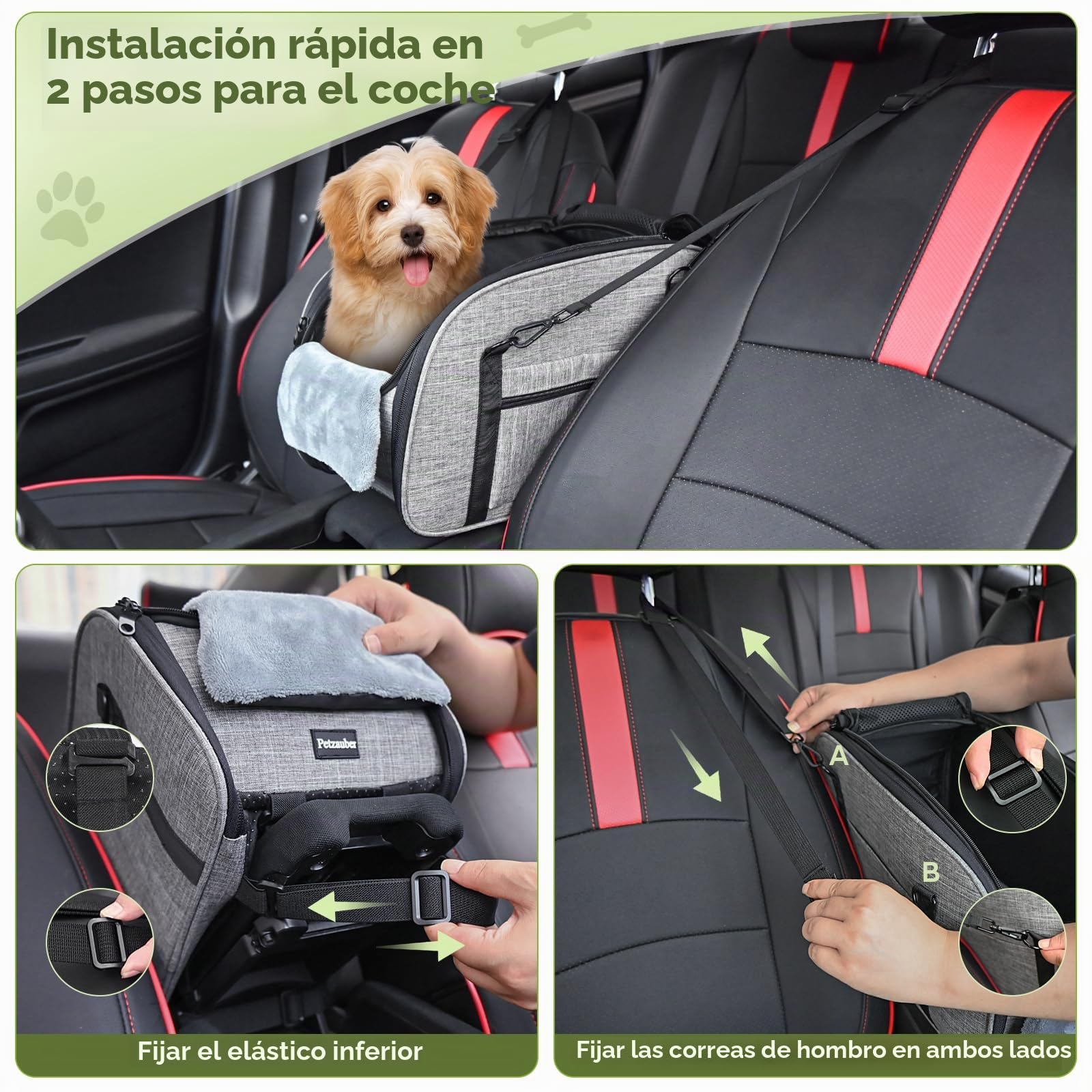 Asiento Coche para Perros Pequeños Gatos - Silla Asiento Coche Perros Consola Central, Cinturón Seguridad Doble Protección y Base Antideslizante, Cojín Lavable y Bolsillo, Gris