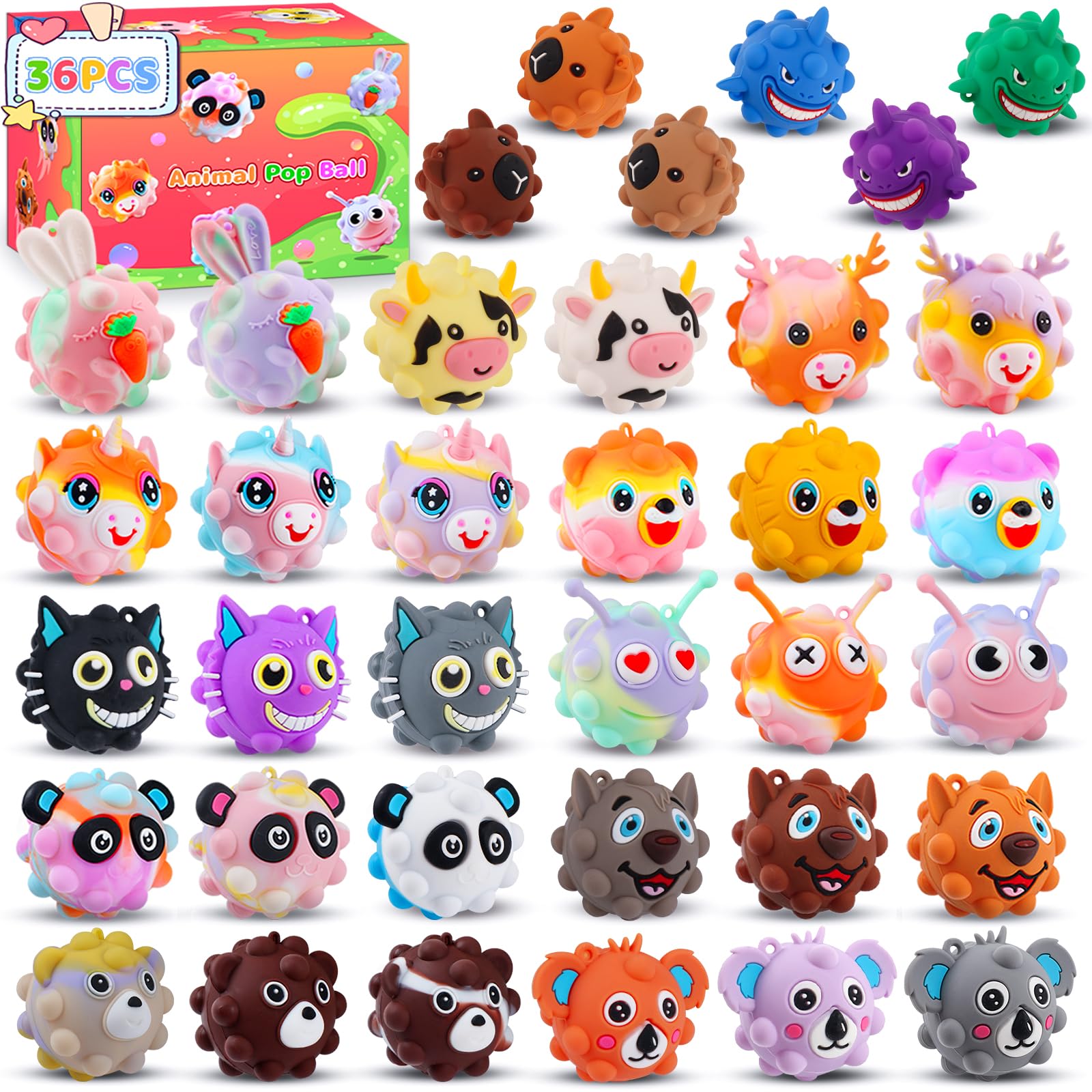 KissFree 36 PACK Animal Pop Balls Party Favors for Kids, 3D Pop Fidget Balls Toys Bulk, Gifts for Boys &amp; Girls, Goodie Bag Stuffers, Pinata Stuffers, Treasure Box Toys, Prizes for Kids